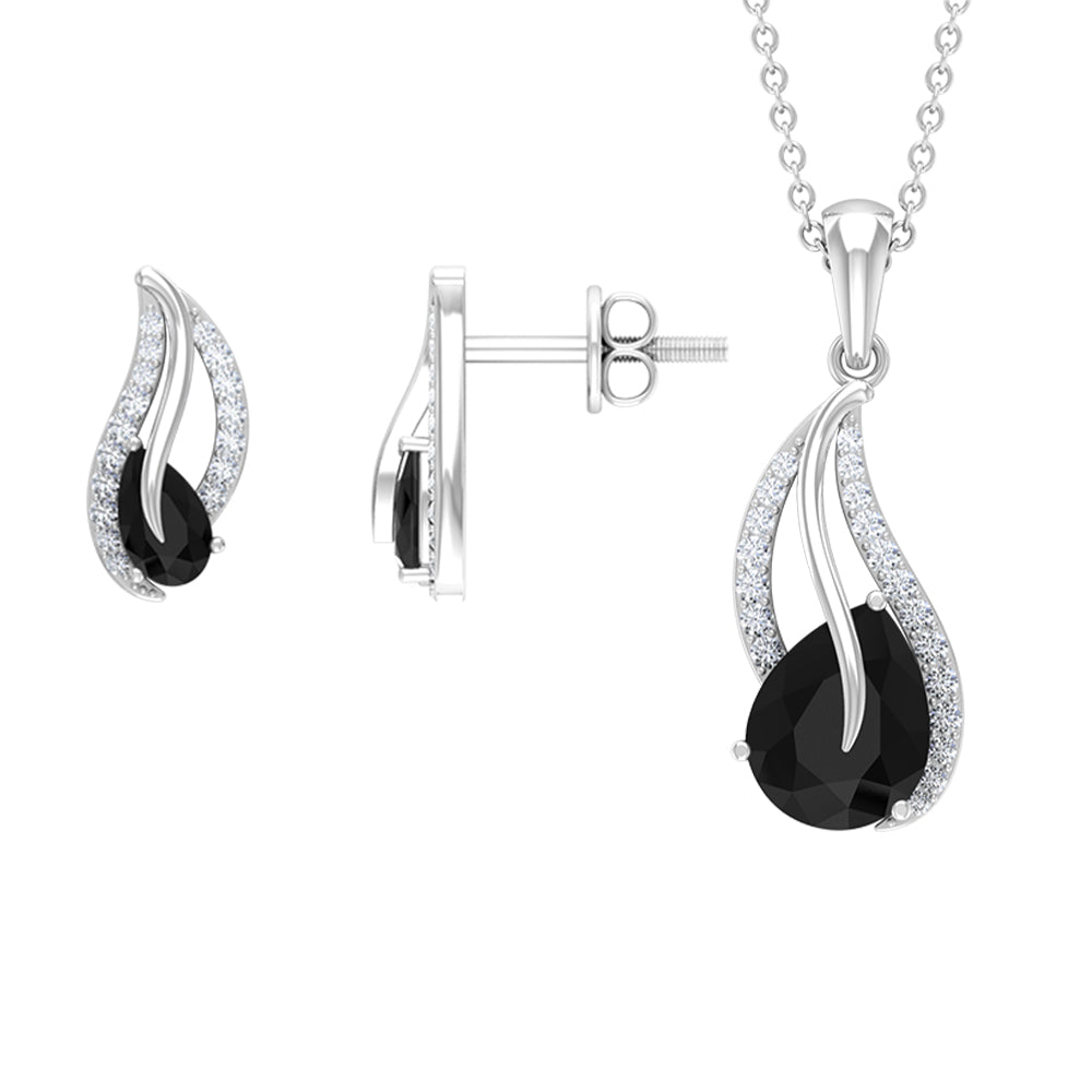 Minimal Teardrop jewelry Set with 3 CT Pear Cut Black Onyx and moissanite stones Black Onyx - ( AAA ) - Quality - Rosec Jewels