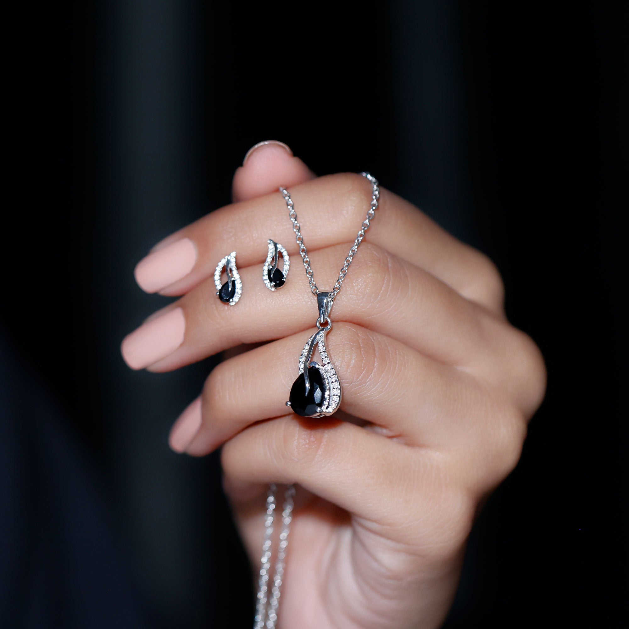 Minimal Teardrop Silver jewelry Set with 3 CT Pear Cut Black Onyx and moissanite stones - Rosec Jewels