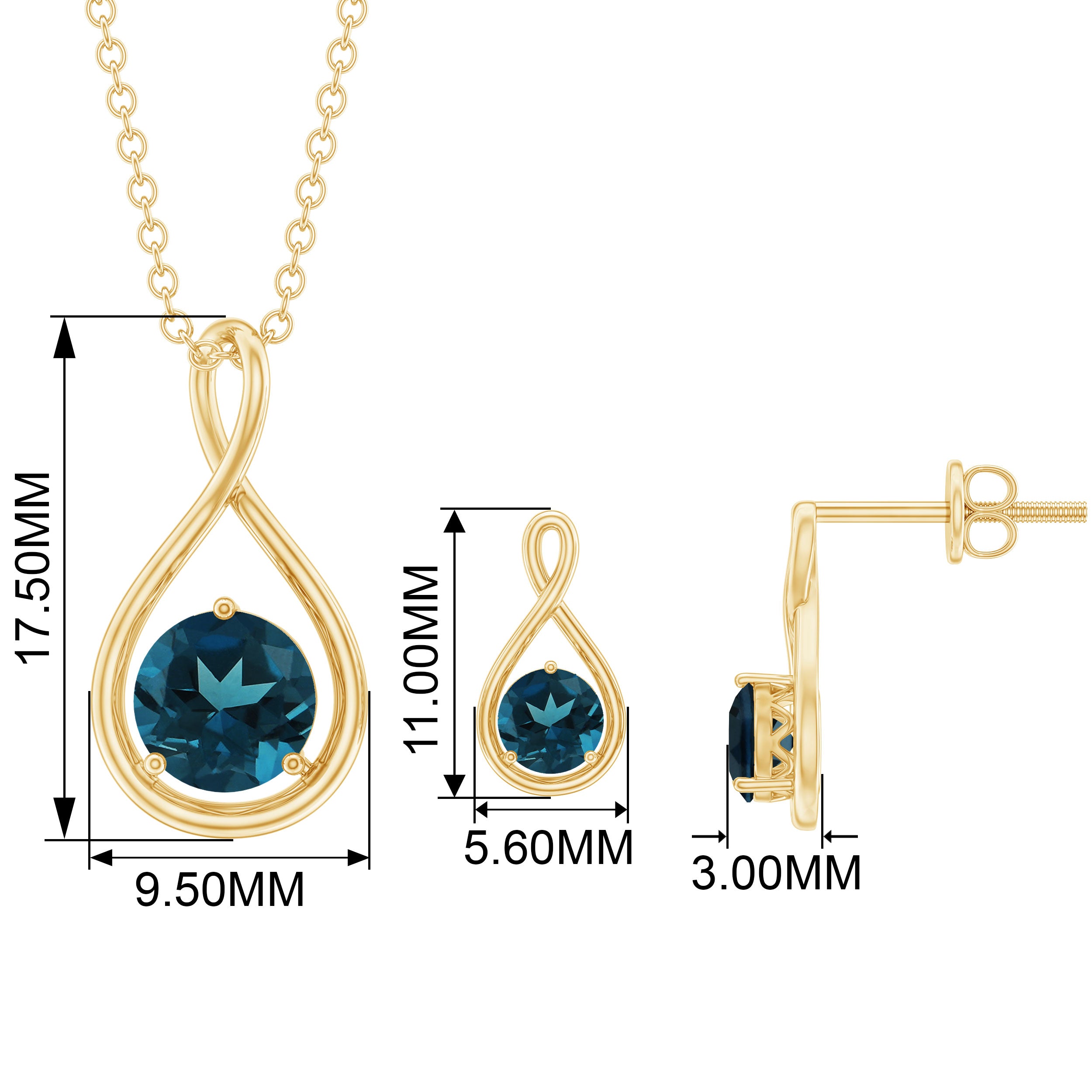 London Blue Topaz Solitaire Pendant and Earring Set with Infinity Design London Blue Topaz - ( AAA ) - Quality - Rosec Jewels