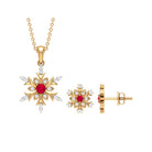 Vintage Lab Grown Ruby and Diamond Snowflake Pendant and Earrings Lab Created Ruby - ( AAAA ) - Quality - Rosec Jewels