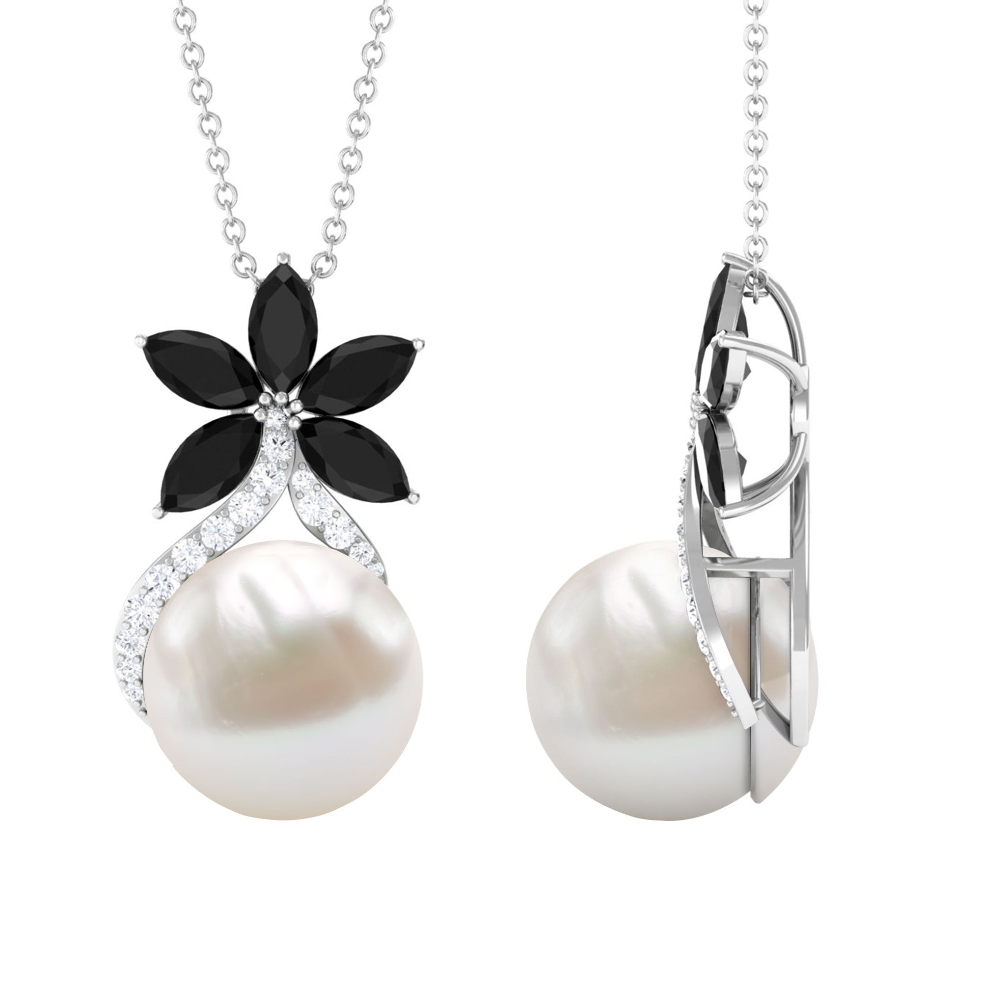 Floral Inspired Freshwater Pearl and Black Onyx Silver Pendant with Moissanite Accent - Rosec Jewels