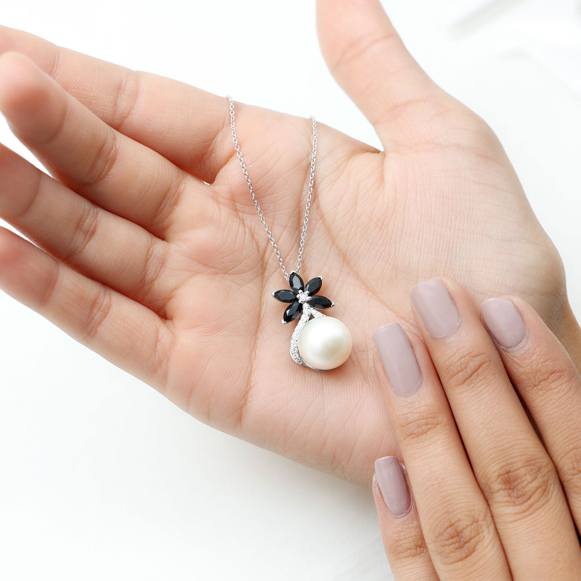 Floral Inspired Freshwater Pearl and Black Onyx Pendant with Moissanite Accent Freshwater Pearl - ( AAA ) - Quality - Rosec Jewels