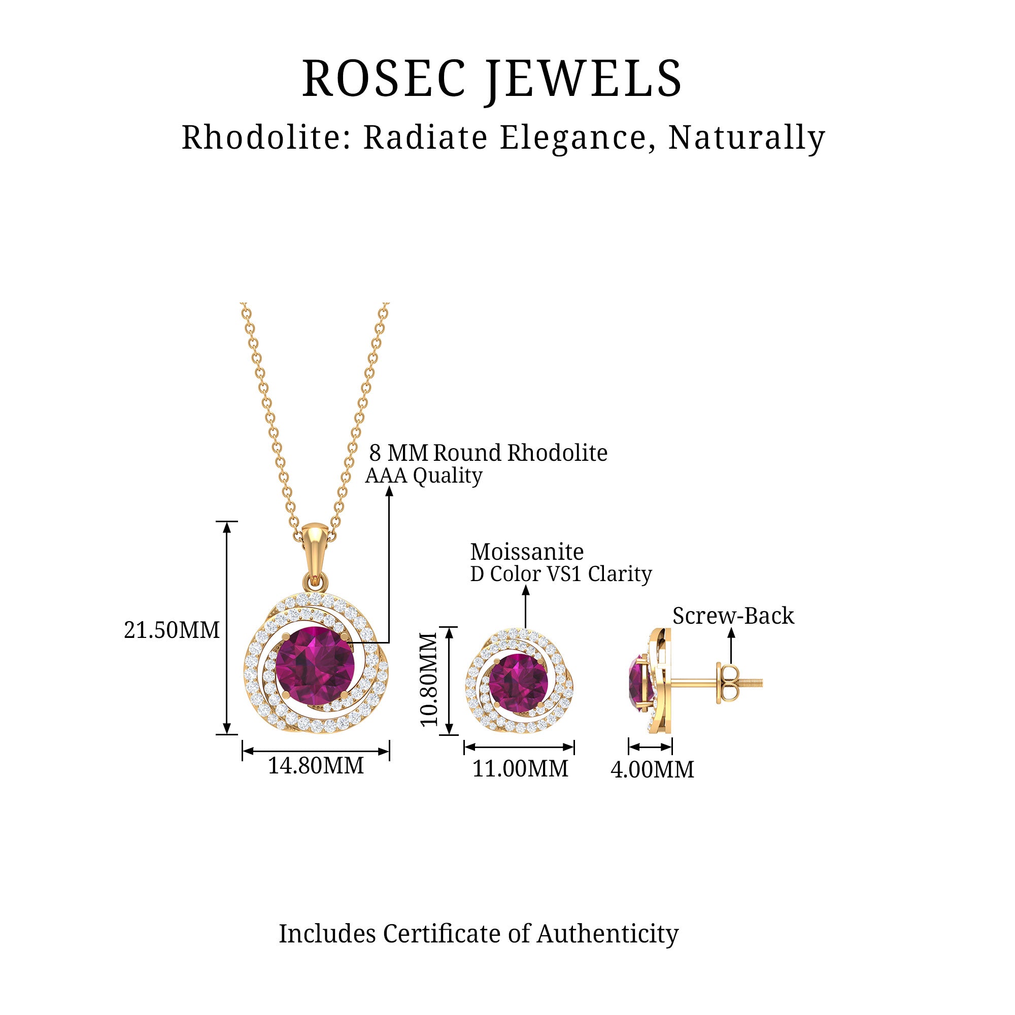 Minimal Rhodolite and Moissanite Swirl Jewelry Set Rhodolite - ( AAA ) - Quality - Rosec Jewels