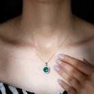 10 MM Classic Solitaire Created Emerald and Moissanite Silver Halo Pendant Necklace - Rosec Jewels