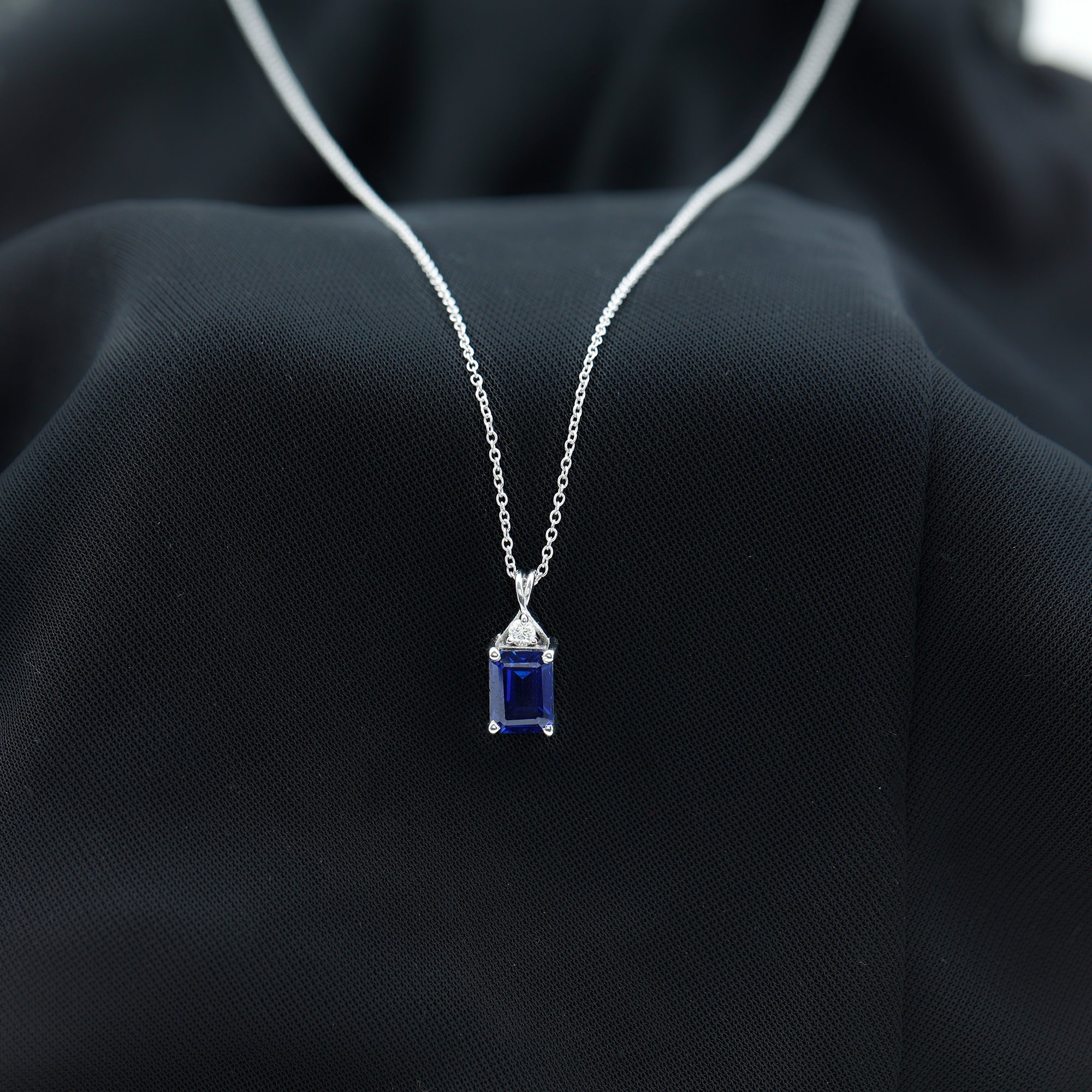 Emerald Cut Created Blue Sapphire Solitaire Silver Pendant with Moissanite - Rosec Jewels