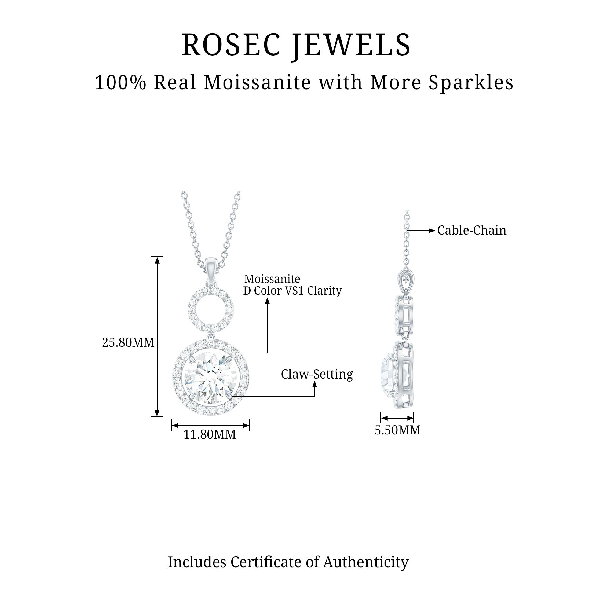 Claw Set Round Moissanite Halo Dangle Pendant Necklace Moissanite - ( D-VS1 ) - Color and Clarity - Rosec Jewels