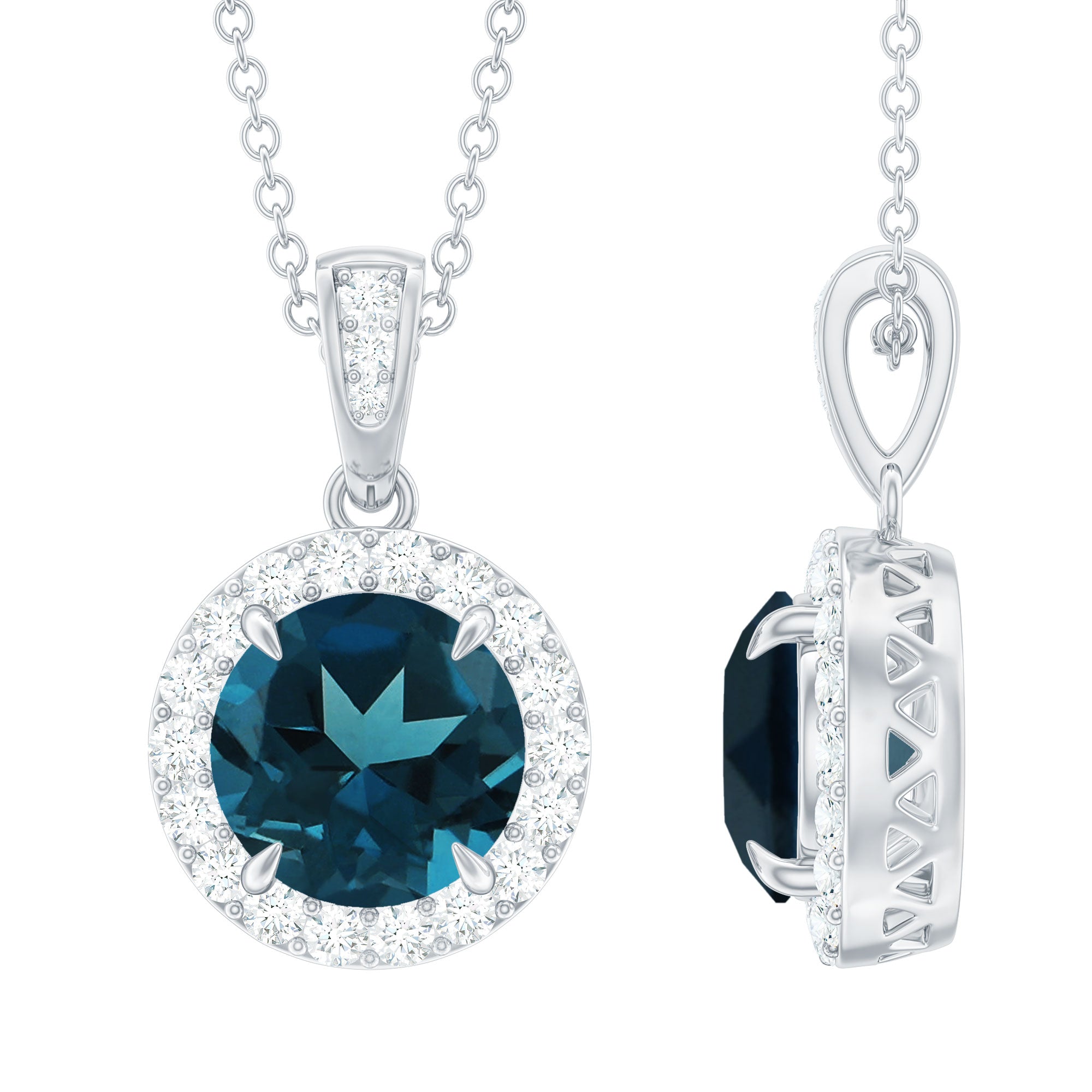 London Blue Topaz Round Halo Pendant with Diamond London Blue Topaz - ( AAA ) - Quality - Rosec Jewels