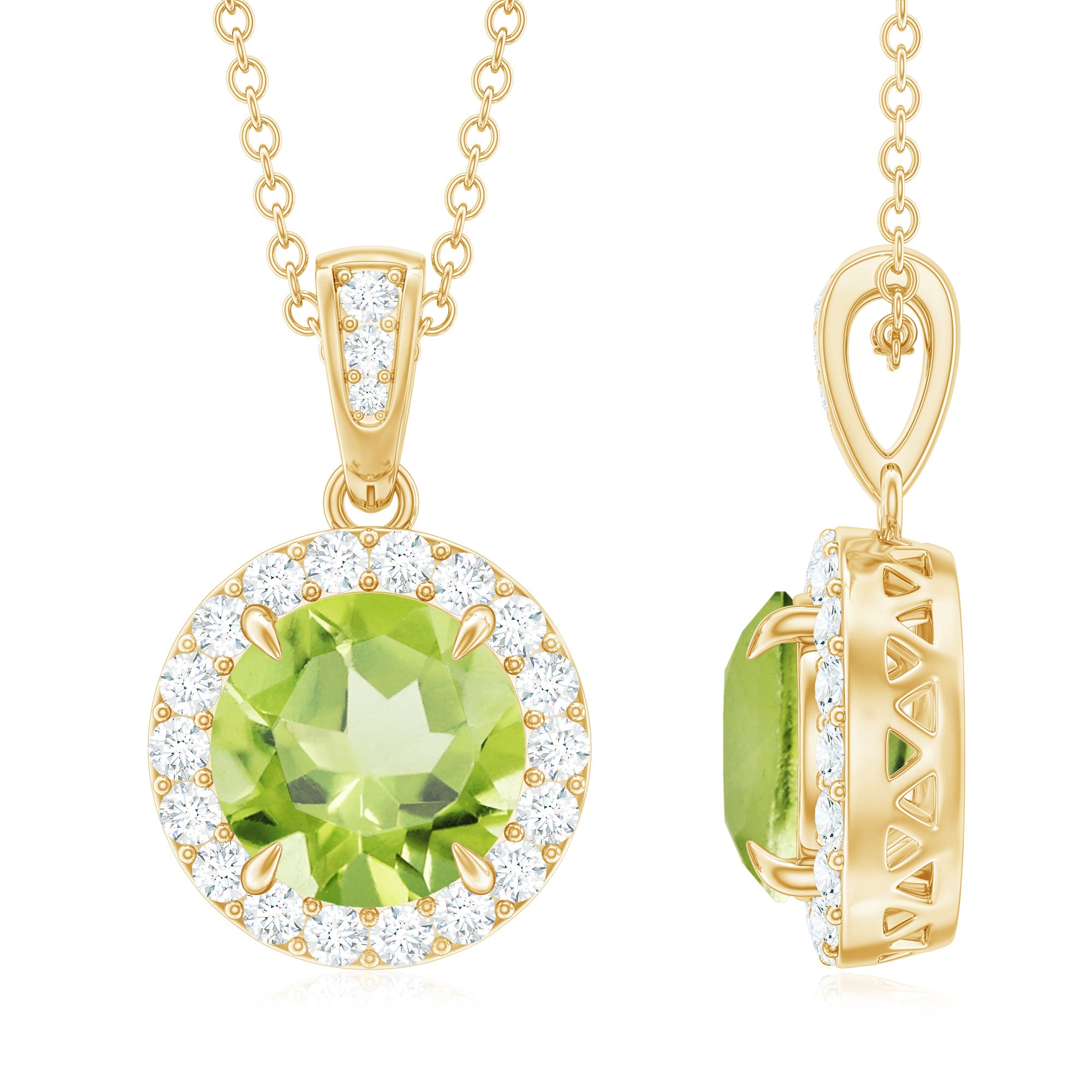 Claw Set Round Peridot Halo Pendant with Diamond Peridot - ( AAA ) - Quality - Rosec Jewels