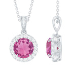 Pink Tourmaline and Moissanite Halo Pendant Necklace Pink Tourmaline - ( AAA ) - Quality - Rosec Jewels