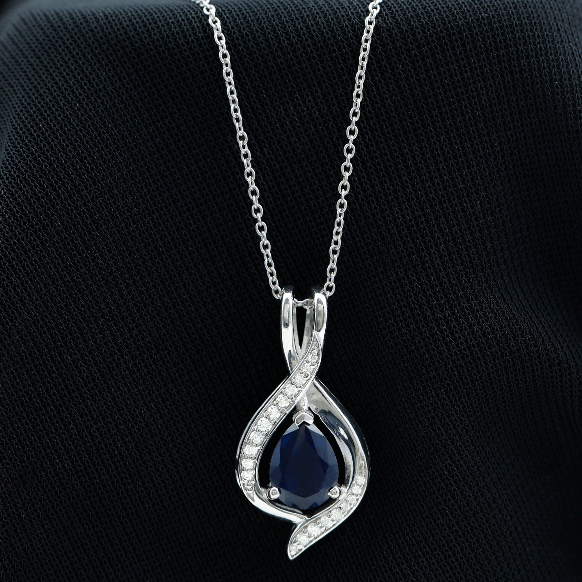 Minimal Created Blue Sapphire Silver Teardrop Pendant with Moissanite - Rosec Jewels