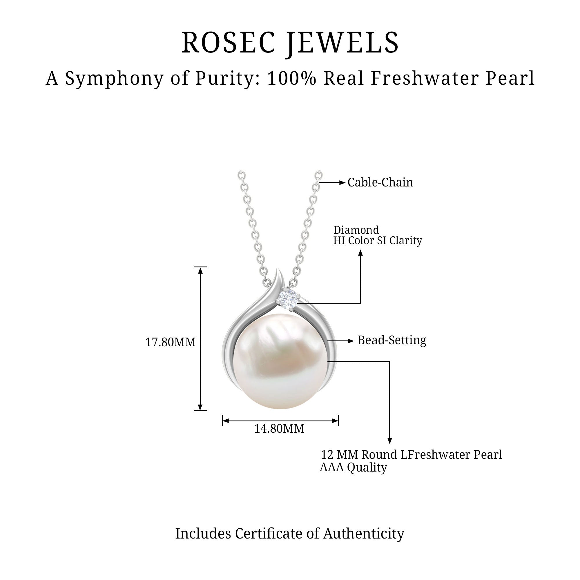 Rosec Jewels-11 CT Bead Set Freshwater Pearl Solitaire Pendant with Diamond