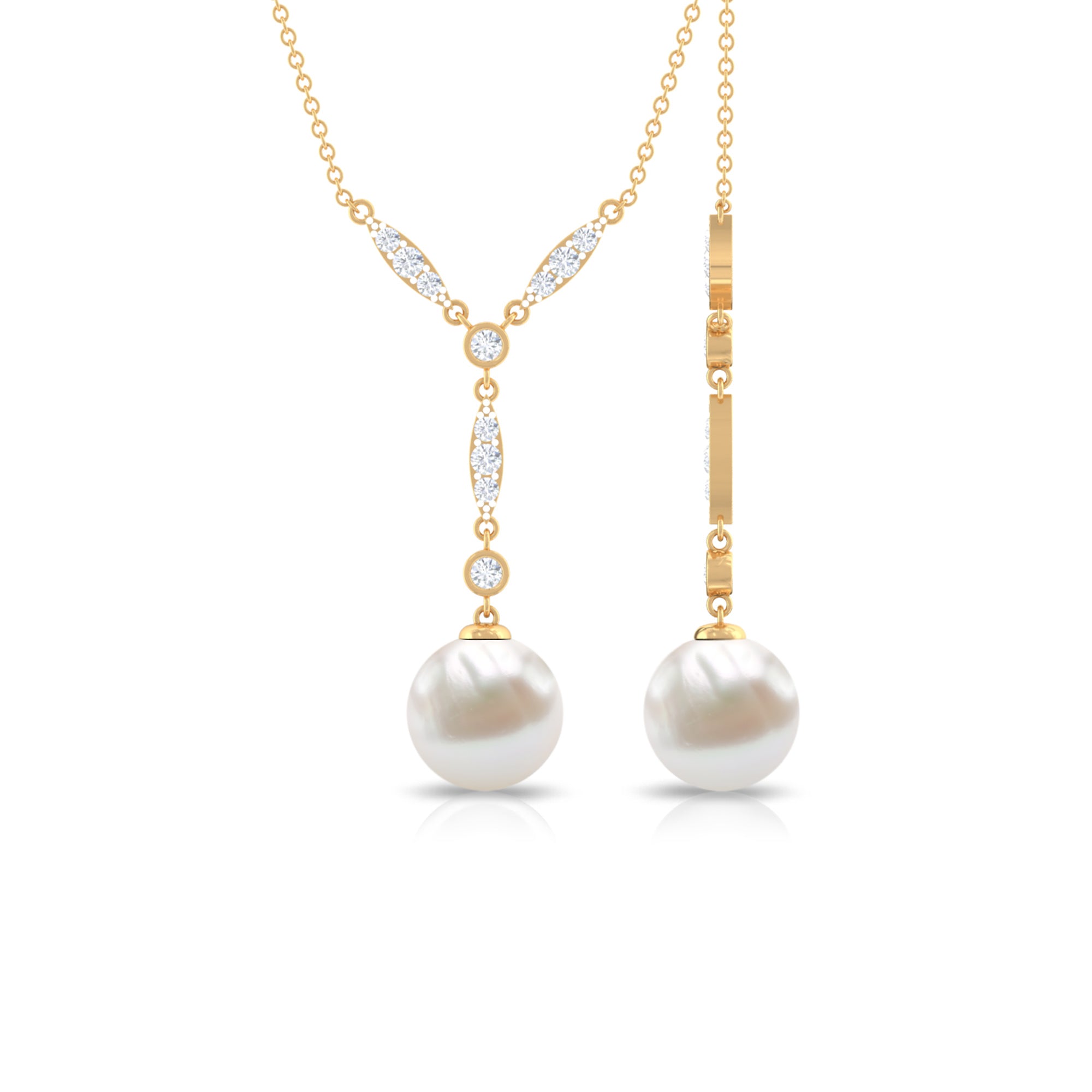 Lariat Style Diamond and Freshwater Pearl Drop Y Necklace Freshwater Pearl - ( AAA ) - Quality - Rosec Jewels