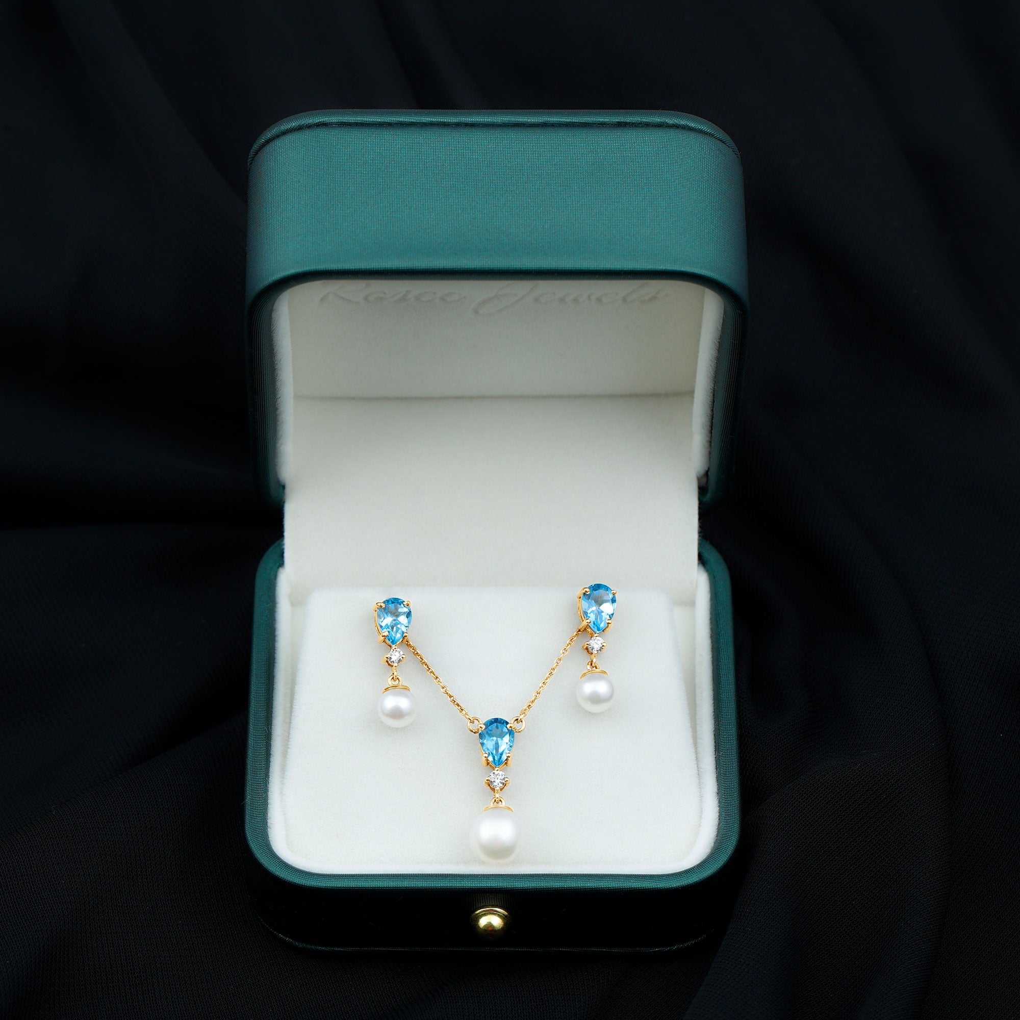 Swiss Blue Topaz and Diamond Jewelry Set with Freshwater Pearl Drop Freshwater Pearl - ( AAA ) - Quality - Rosec Jewels