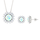 Ethiopian Opal and Moissanite Halo Pendant and Earrings Set Ethiopian Opal - ( AAA ) - Quality - Rosec Jewels