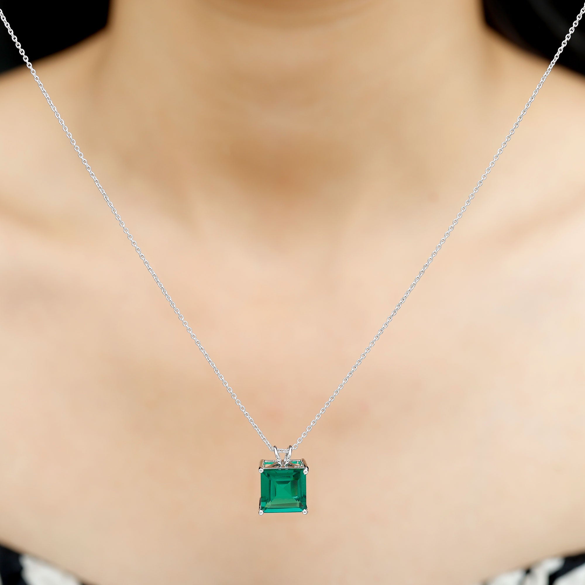 5 CT Princess Cut Created Emerald Solitaire Pendant Lab Created Emerald - ( AAAA ) - Quality - Rosec Jewels