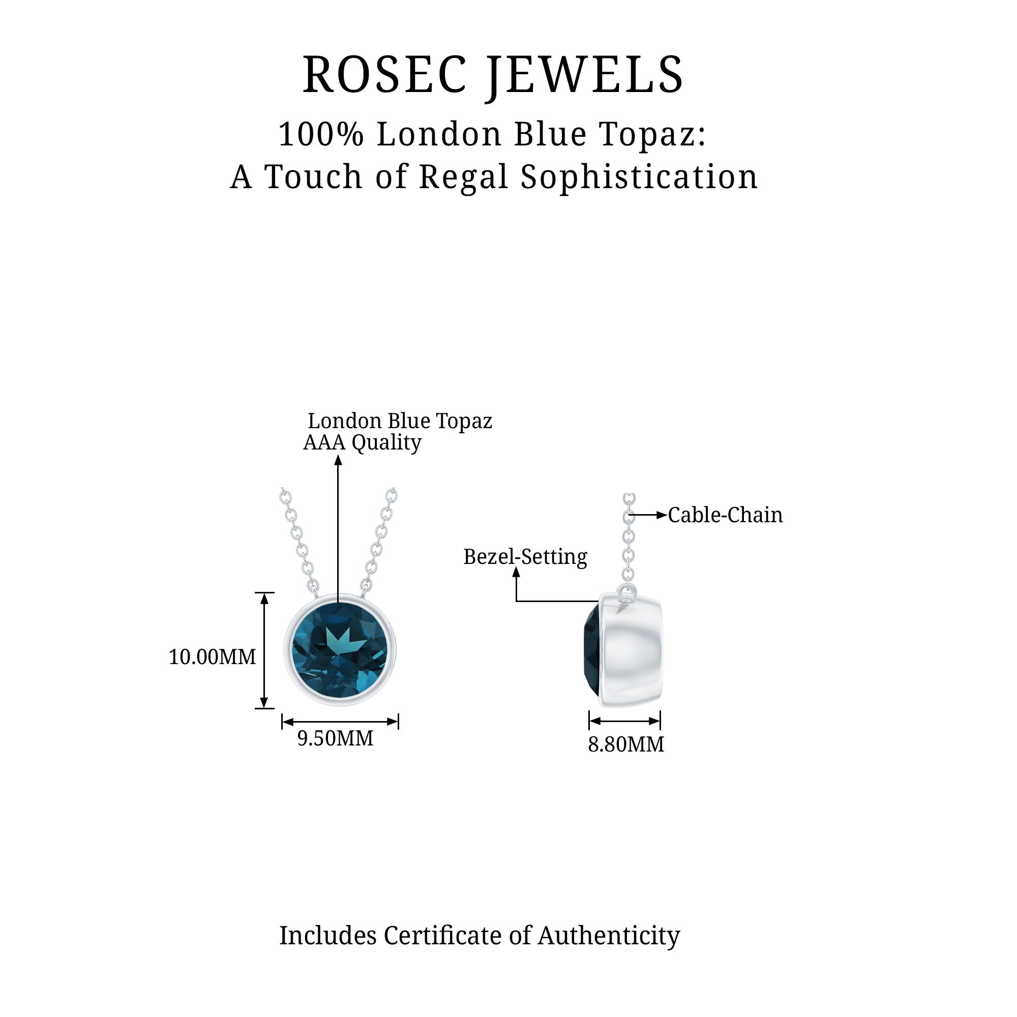 8 MM Solitaire London Blue Topaz Silver Necklace in Bezel Setting - Rosec Jewels