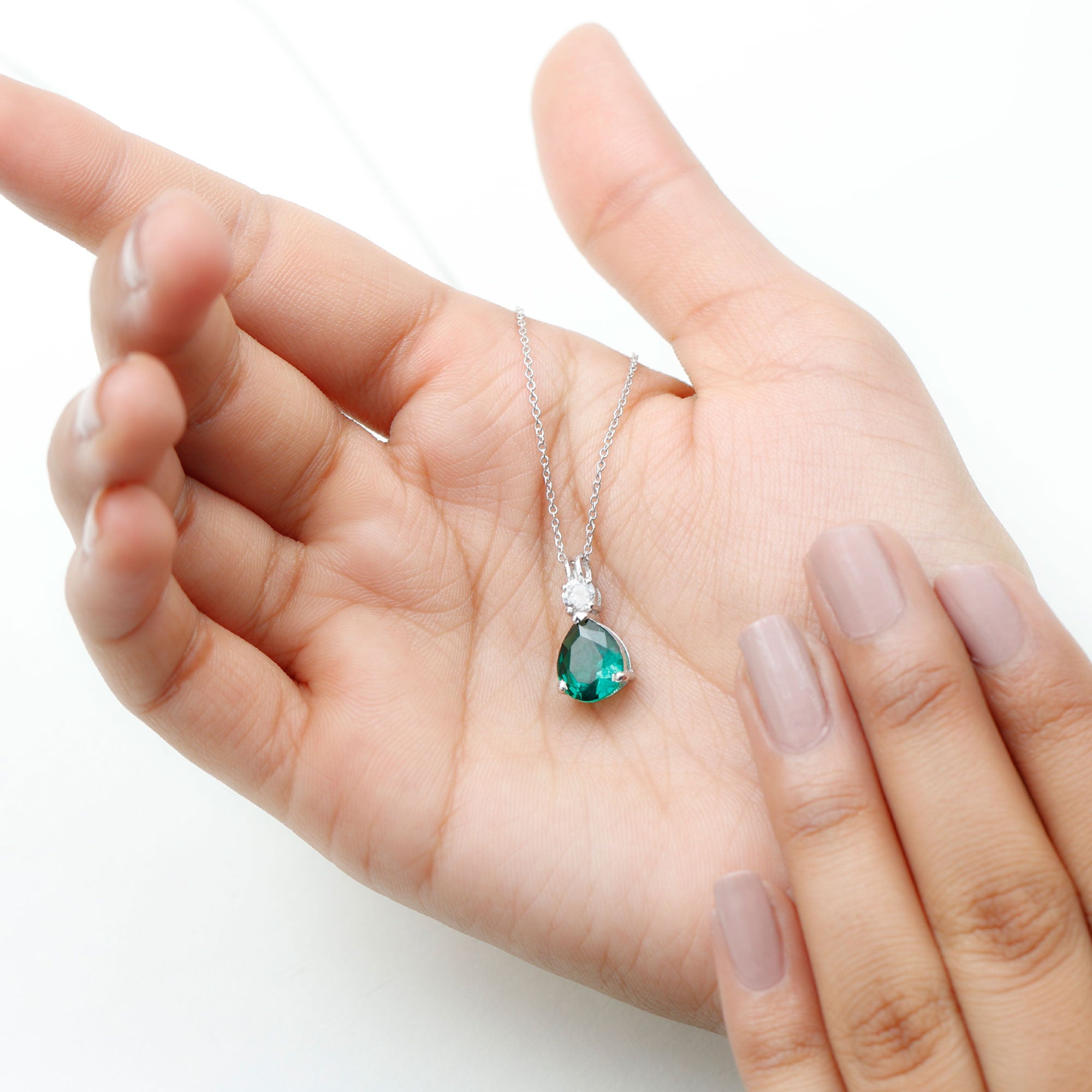 Created Emerald and Zircon Modern Teardrop Pendant Lab Created Emerald - ( AAAA ) - Quality - Rosec Jewels