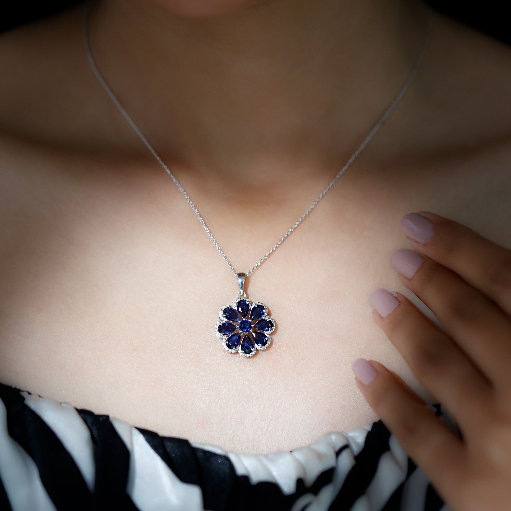 4.5 CT Created Blue Sapphire Flower Pendant with Moissanite Halo Lab Created Blue Sapphire - ( AAAA ) - Quality - Rosec Jewels