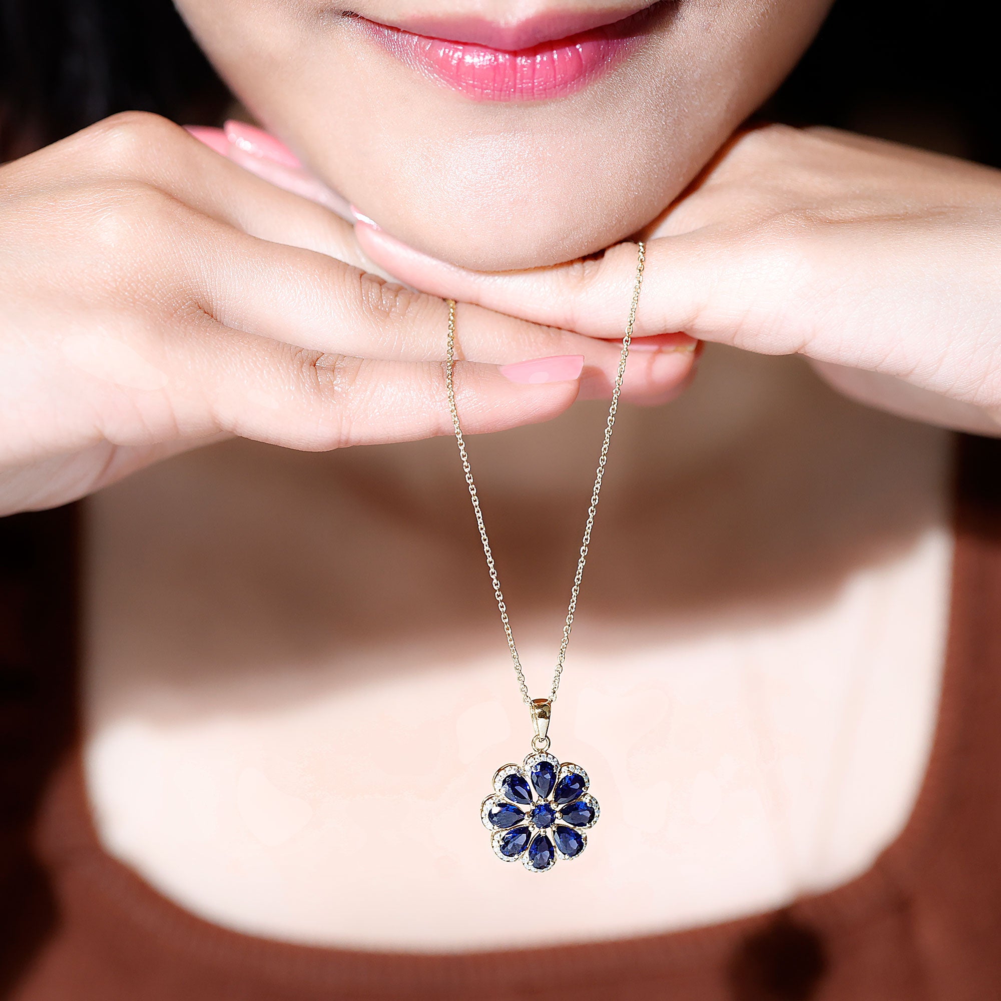 4.5 CT Created Blue Sapphire Flower Pendant with Moissanite Halo Lab Created Blue Sapphire - ( AAAA ) - Quality - Rosec Jewels