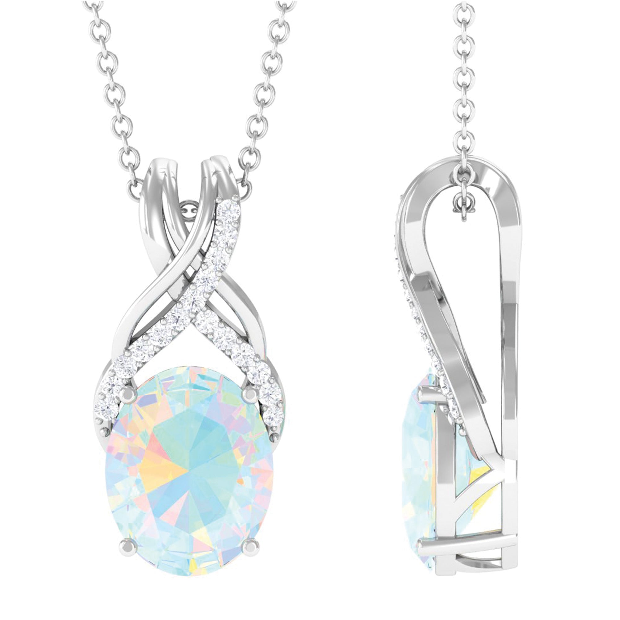 Oval Ethiopian Opal Solitaire Pendant with Moissanite Twisted Bail Ethiopian Opal - ( AAA ) - Quality - Rosec Jewels