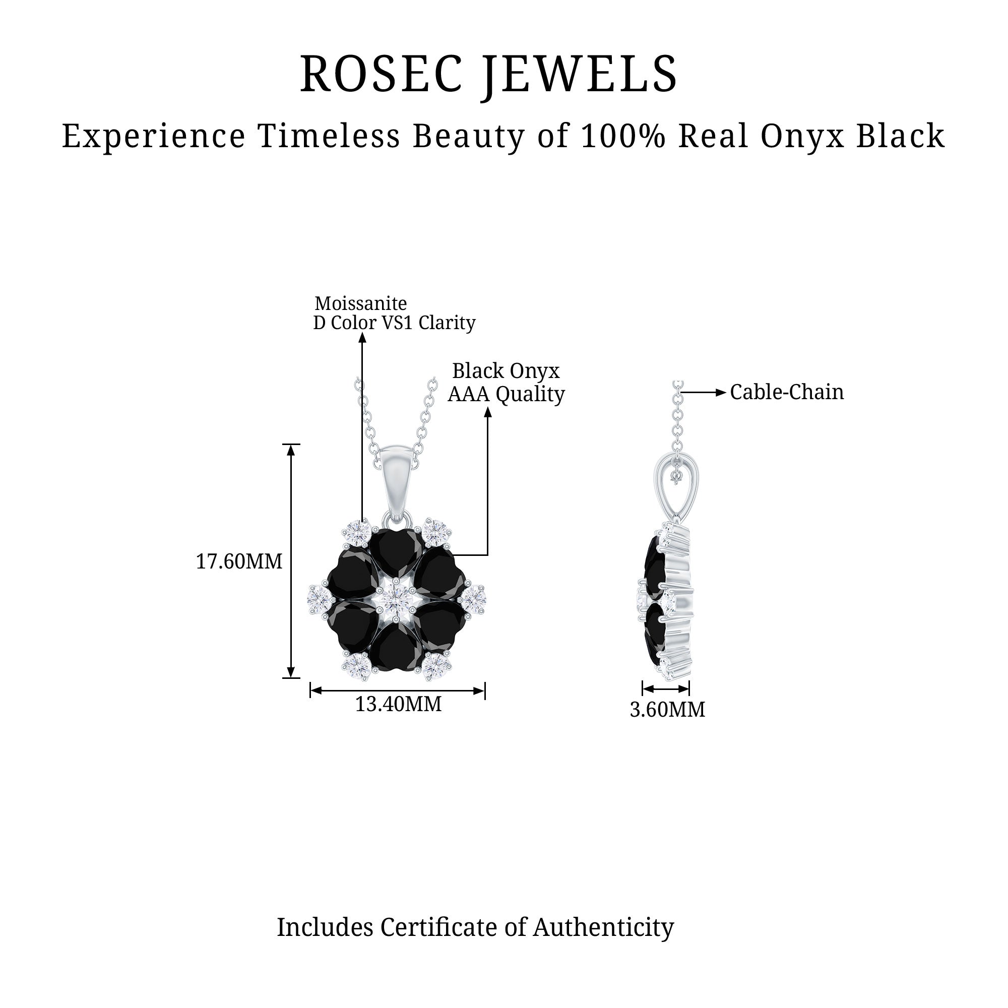 1.75 CT Heart Shape Black Onyx and Moissanite Silver Flower Pendant - Rosec Jewels