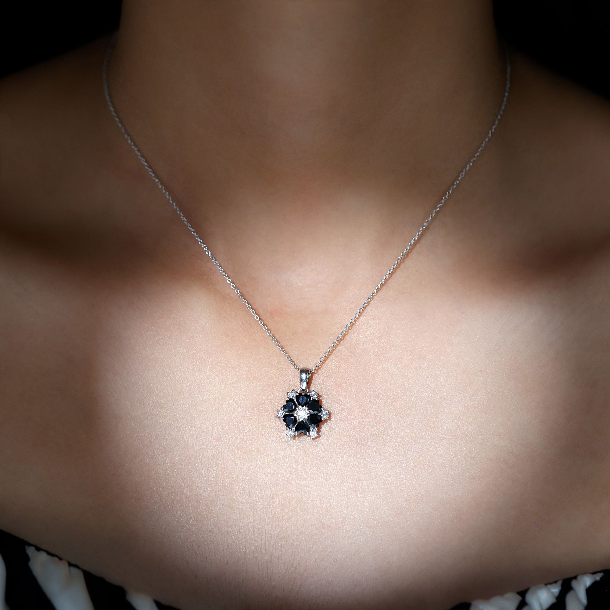 1.75 CT Heart Shape Black Onyx and Moissanite Silver Flower Pendant - Rosec Jewels