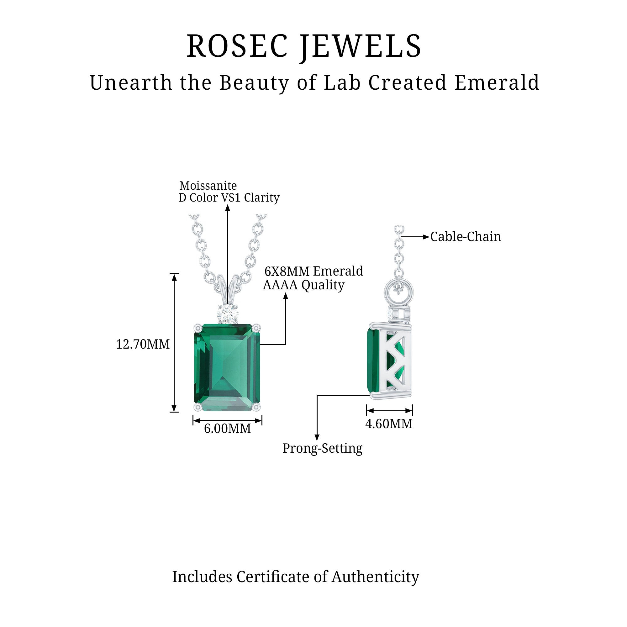 Octagon Cut Created Emerald Solitaire Pendant with Dainty Moissanite Lab Created Emerald - ( AAAA ) - Quality - Rosec Jewels