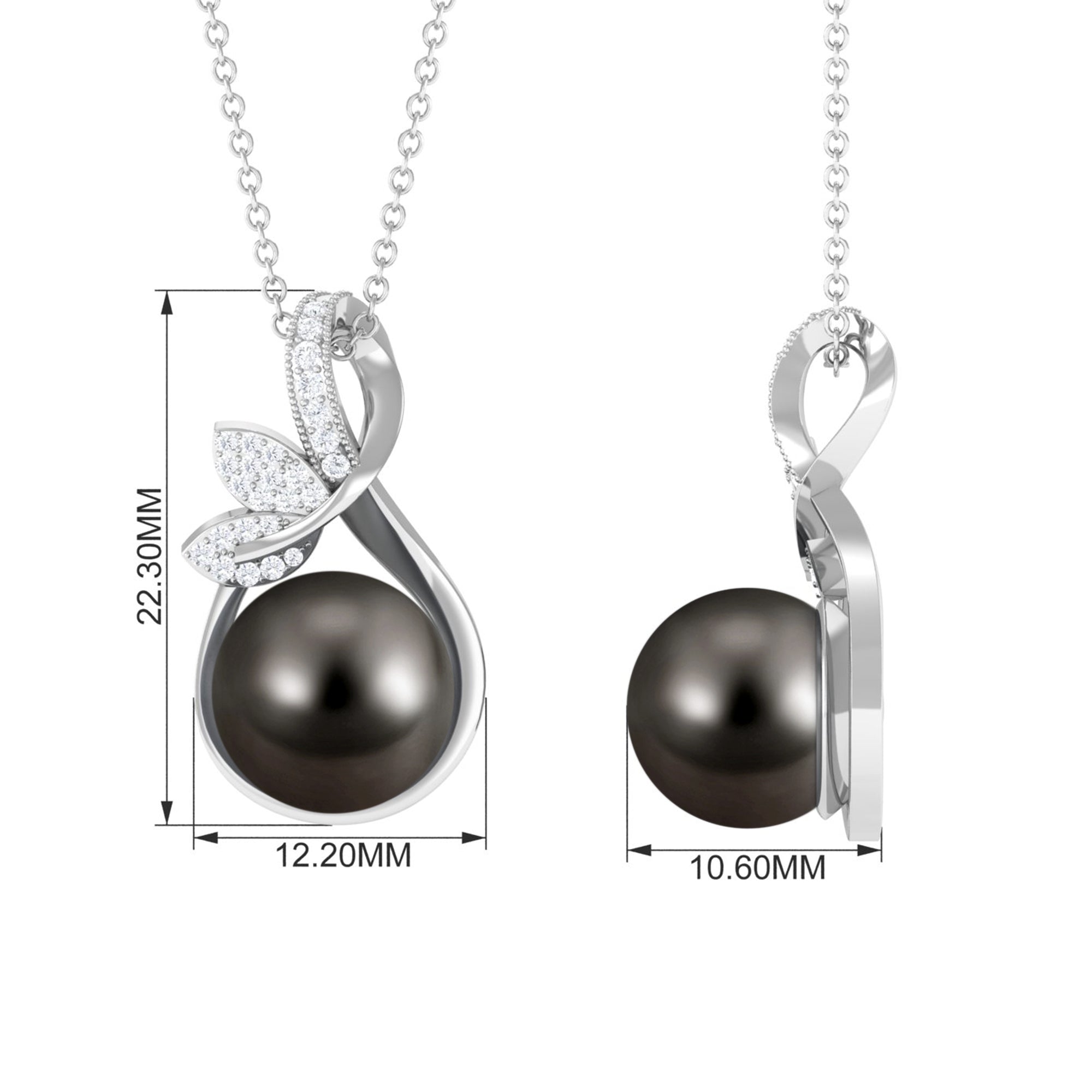 Tahitian Pearl and Diamond Minimal Pendant with Leaf Motif Tahitian pearl - ( AAA ) - Quality - Rosec Jewels