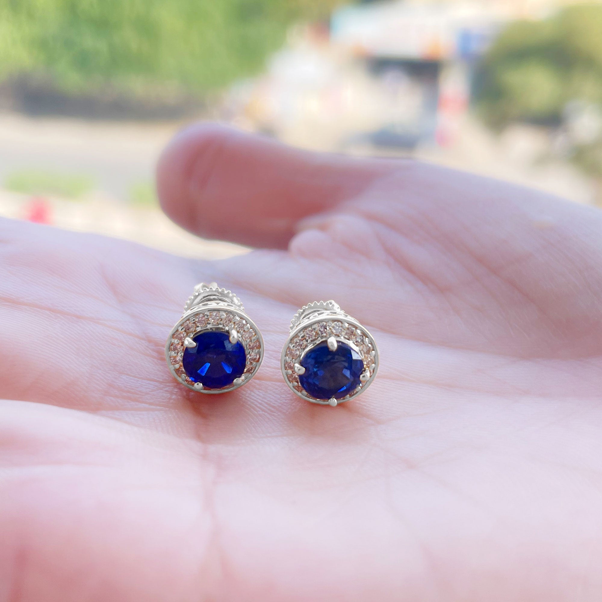 Classic Lab Grown Blue Sapphire And Moissanite Halo Bridal Jewelry Set Lab Created Blue Sapphire - ( AAAA ) - Quality - Rosec Jewels