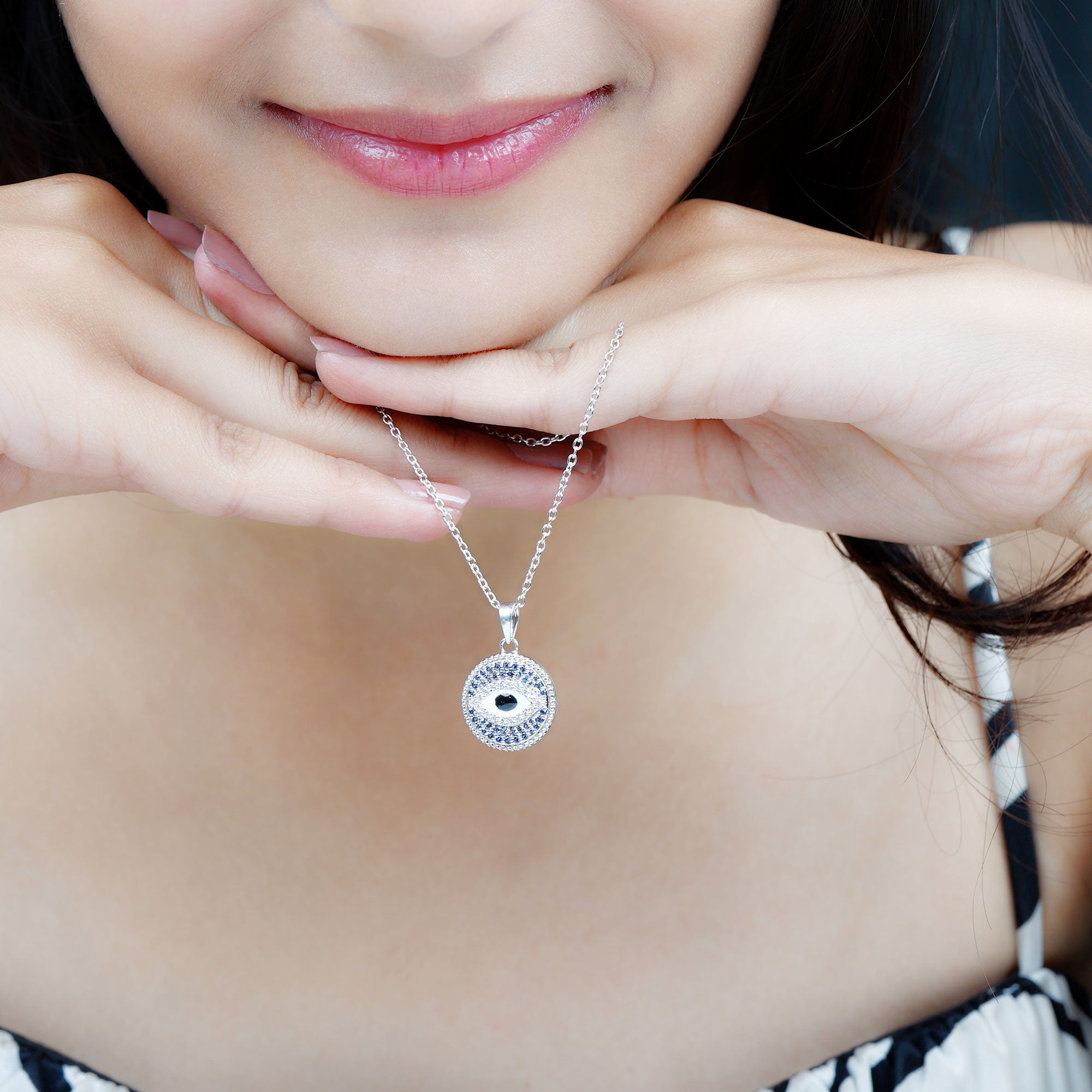 3/4 CT Created Blue Sapphire and Zircon Evil Eye Pendant Necklace in Silver - Rosec Jewels