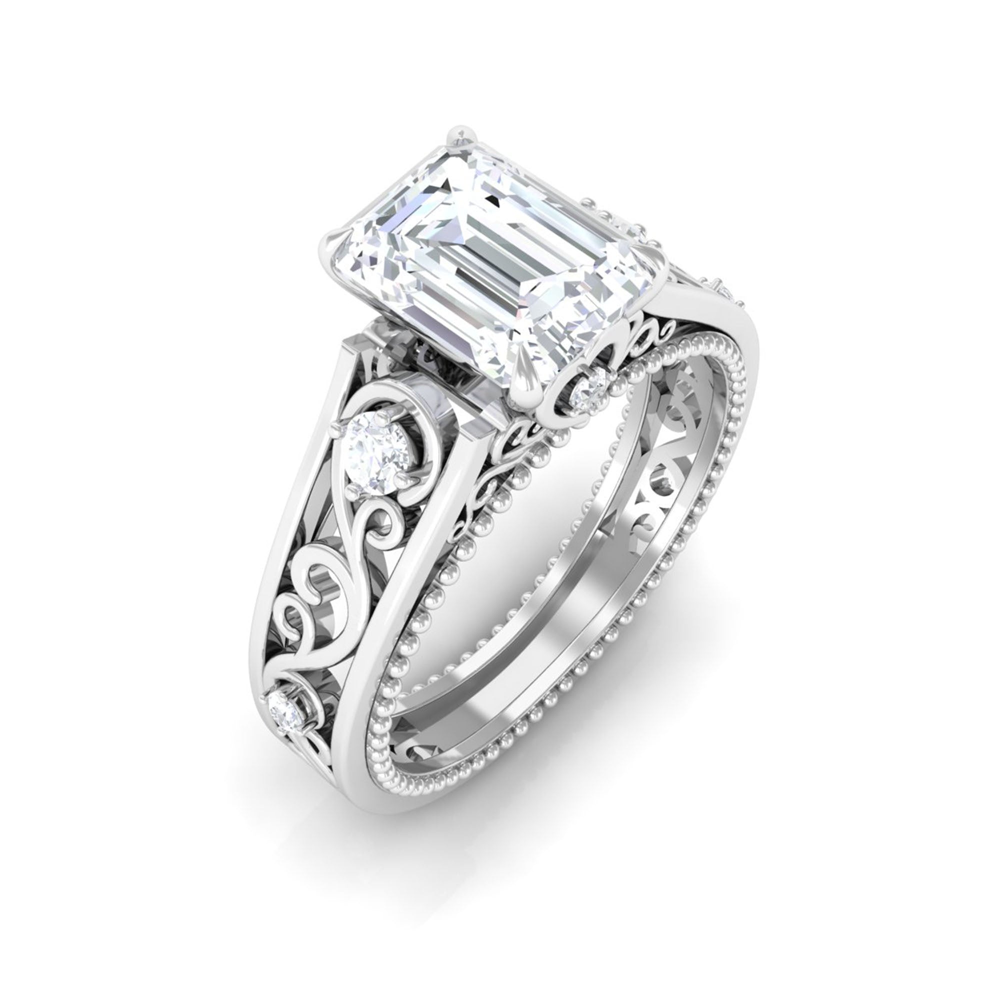 Emerald Cut Moissanite Solitaire Band Ring with Ivy Scroll Shank Moissanite - ( D-VS1 ) - Color and Clarity - Rosec Jewels