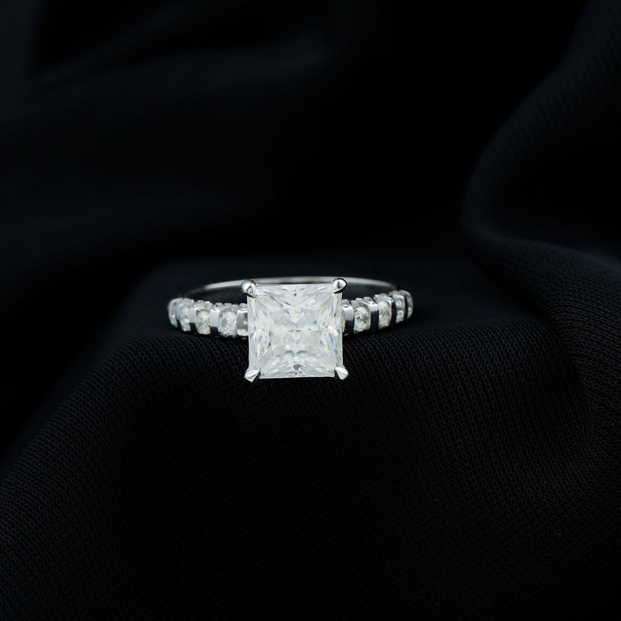 Rosec Jewels-Princess Cut Moissanite Solitaire Engagement Ring with Side Stones