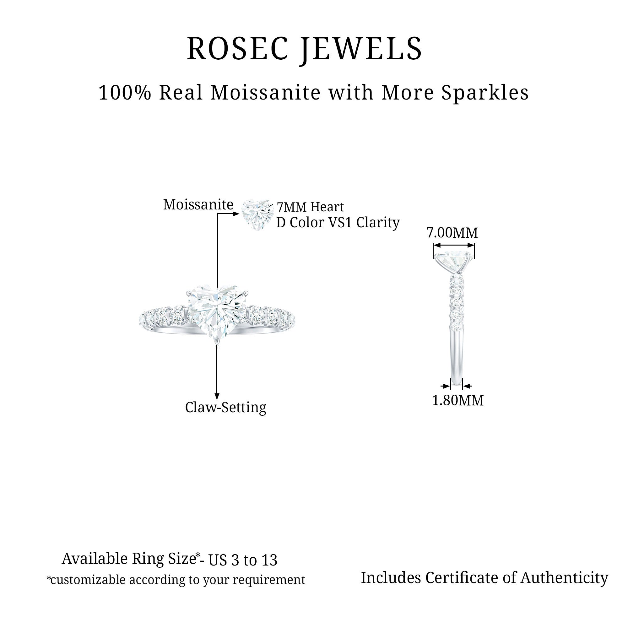 Rosec Jewels-Heart Shape Moissanite Solitaire Engagement Ring with Side Stones