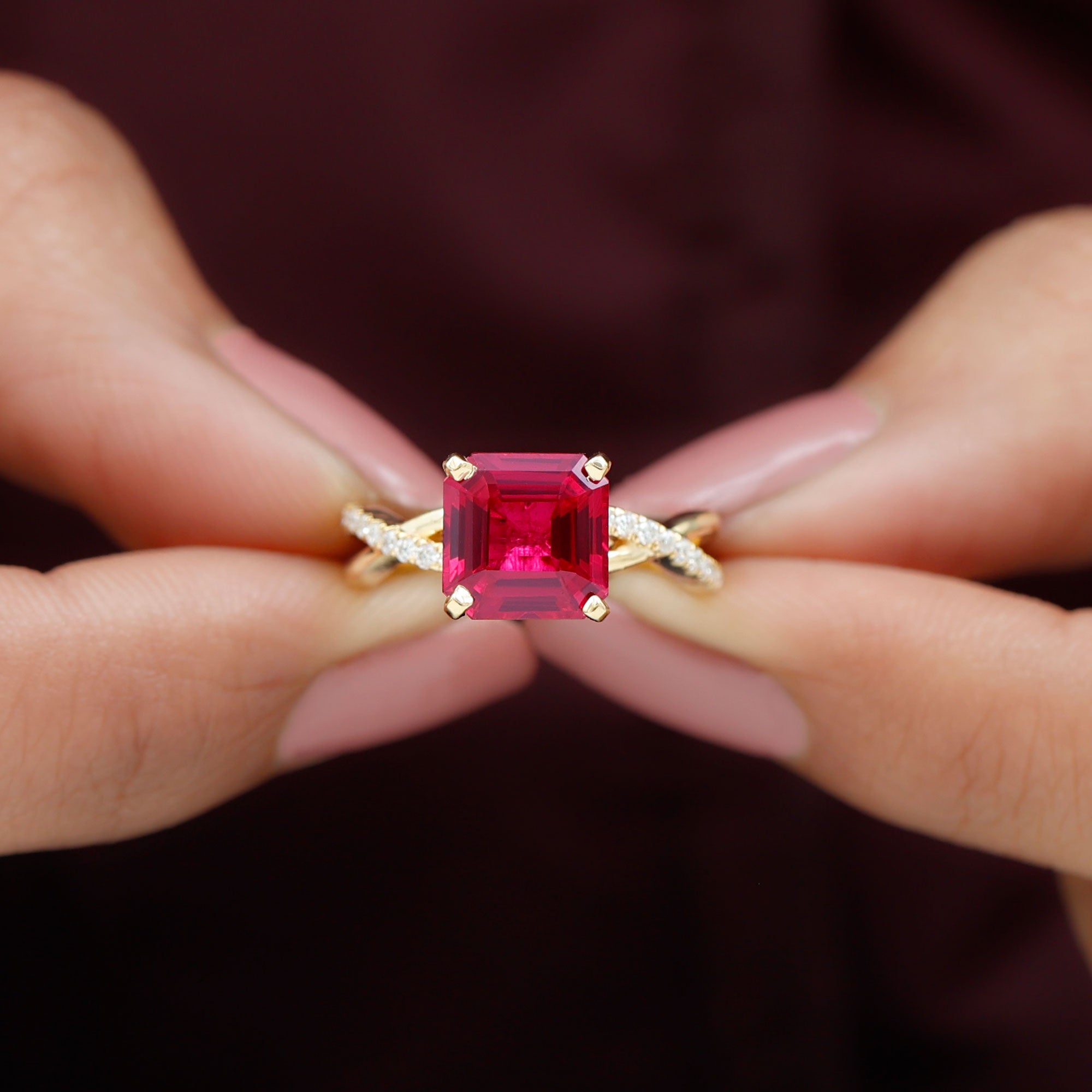 Asscher Cut Lab Grown Ruby Solitaire Ring with Diamond Infinity Shank Lab Created Ruby - ( AAAA ) - Quality - Rosec Jewels