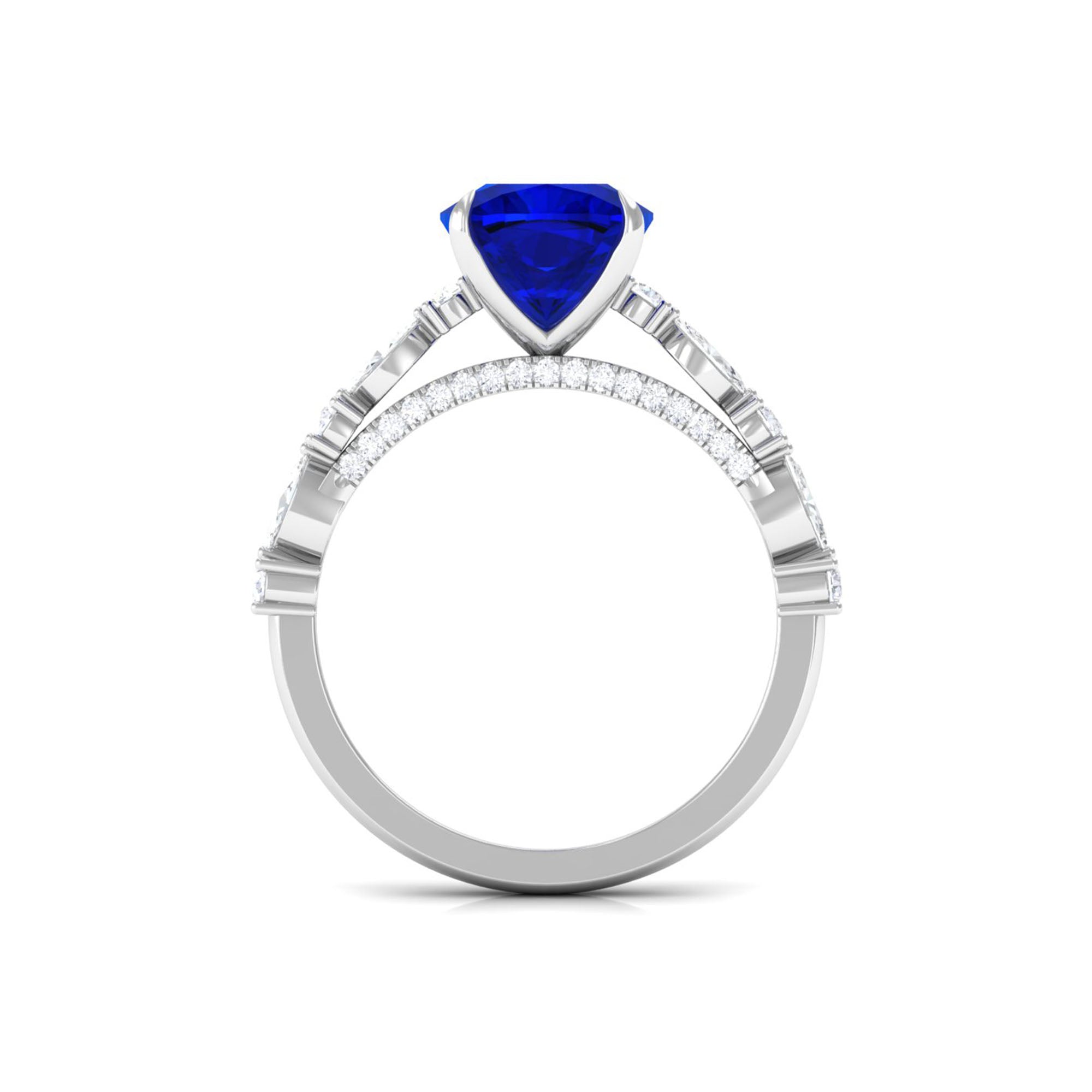 Cushion Cut Created Blue Sapphire Solitaire Engagement Ring with Diamond Lab Created Blue Sapphire - ( AAAA ) - Quality - Rosec Jewels