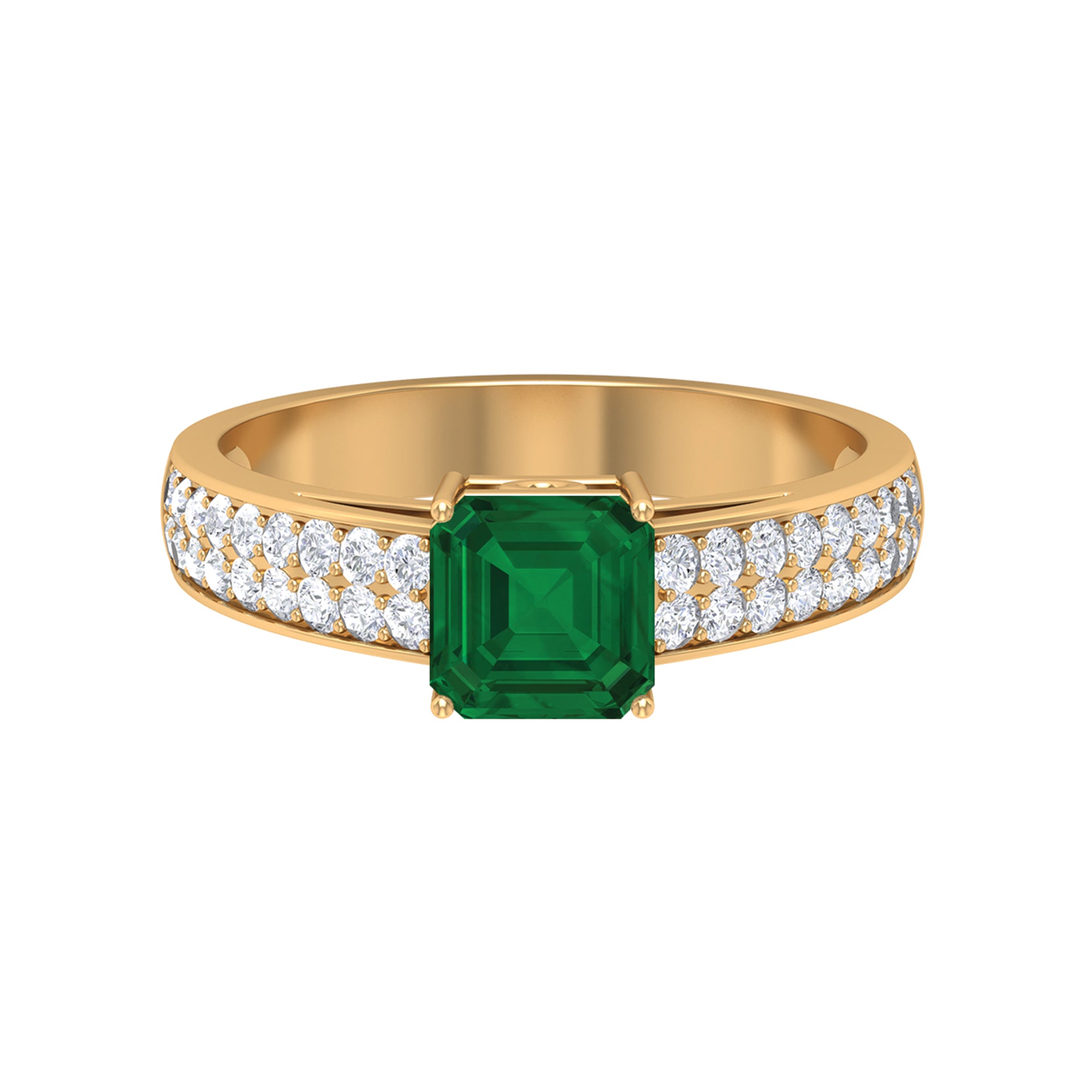 Asscher Cut Lab Grown Emerald Engagement Ring with Diamond Side Stones Lab Created Emerald - ( AAAA ) - Quality - Rosec Jewels