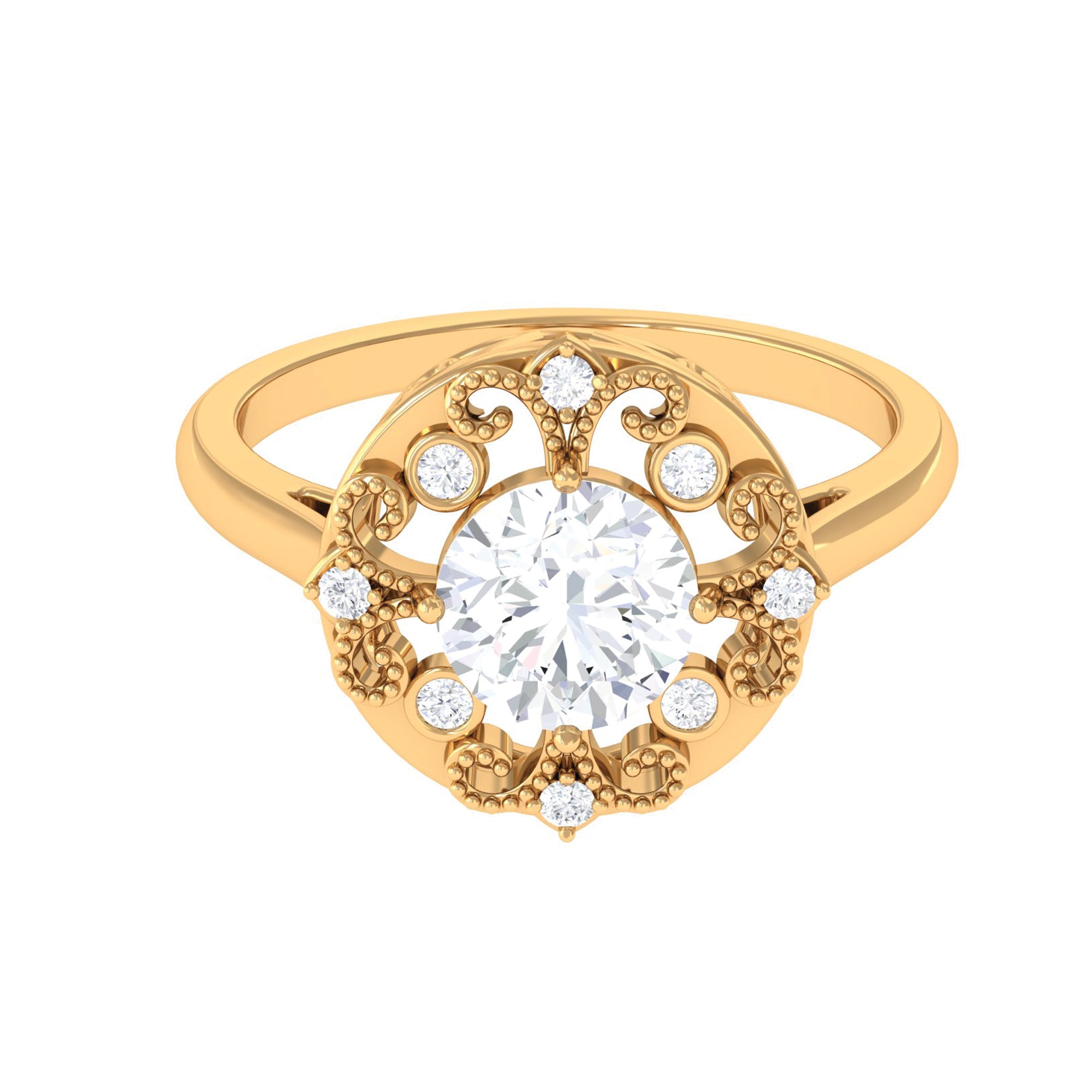 Antique Style Moissanite Gold Beaded Engagement Ring Moissanite - ( D-VS1 ) - Color and Clarity - Rosec Jewels