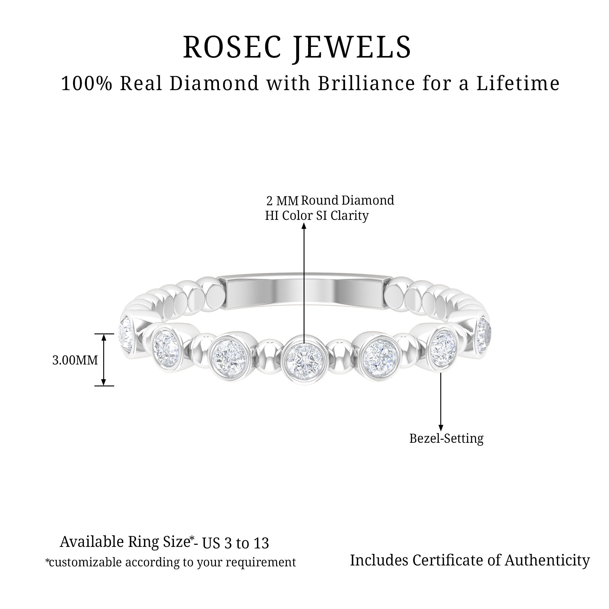 7 Stone Diamond Stackable Ring with Beaded Details Diamond - ( HI-SI ) - Color and Clarity - Rosec Jewels