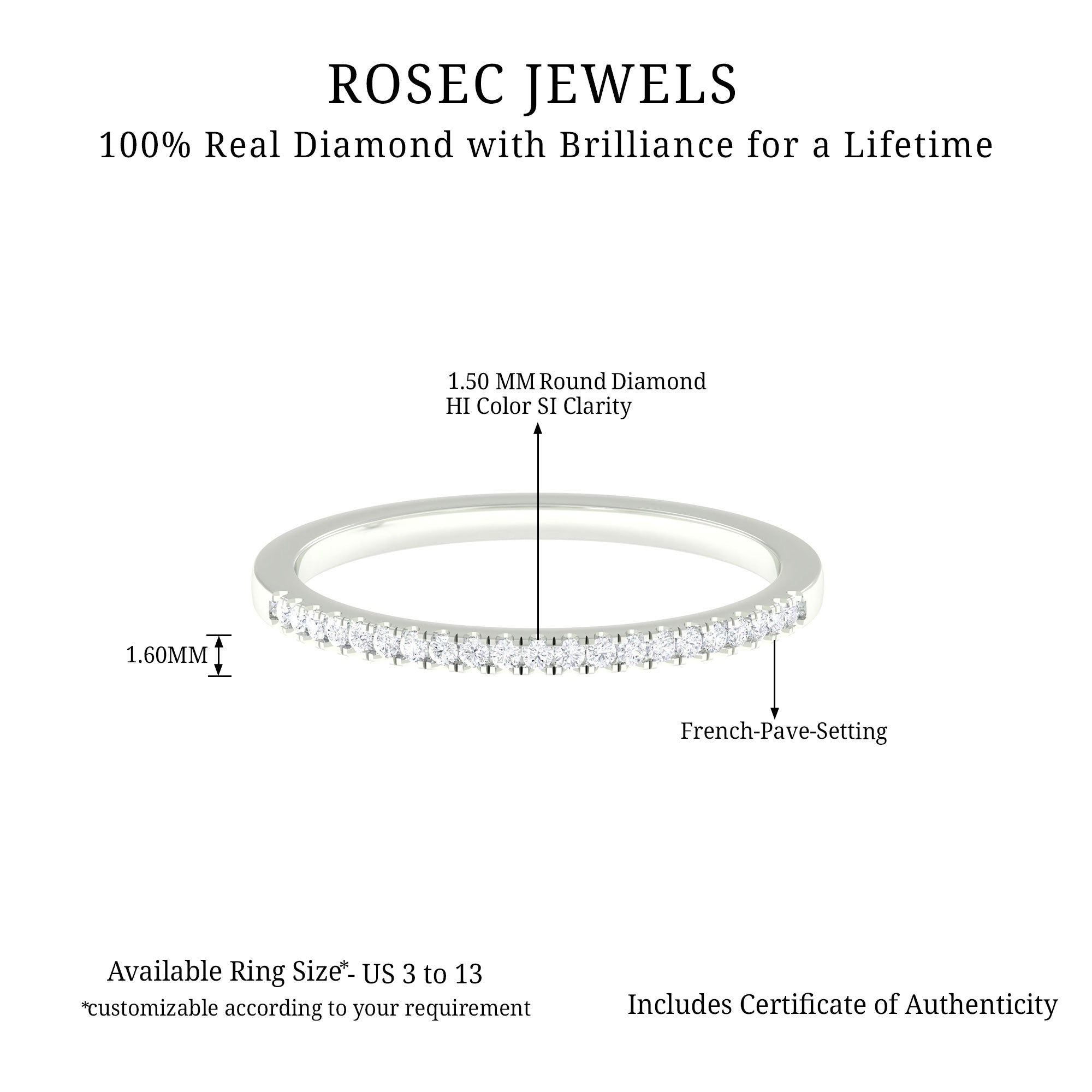 Natural Diamond Minimal Stackable Band Ring Diamond - ( HI-SI ) - Color and Clarity - Rosec Jewels