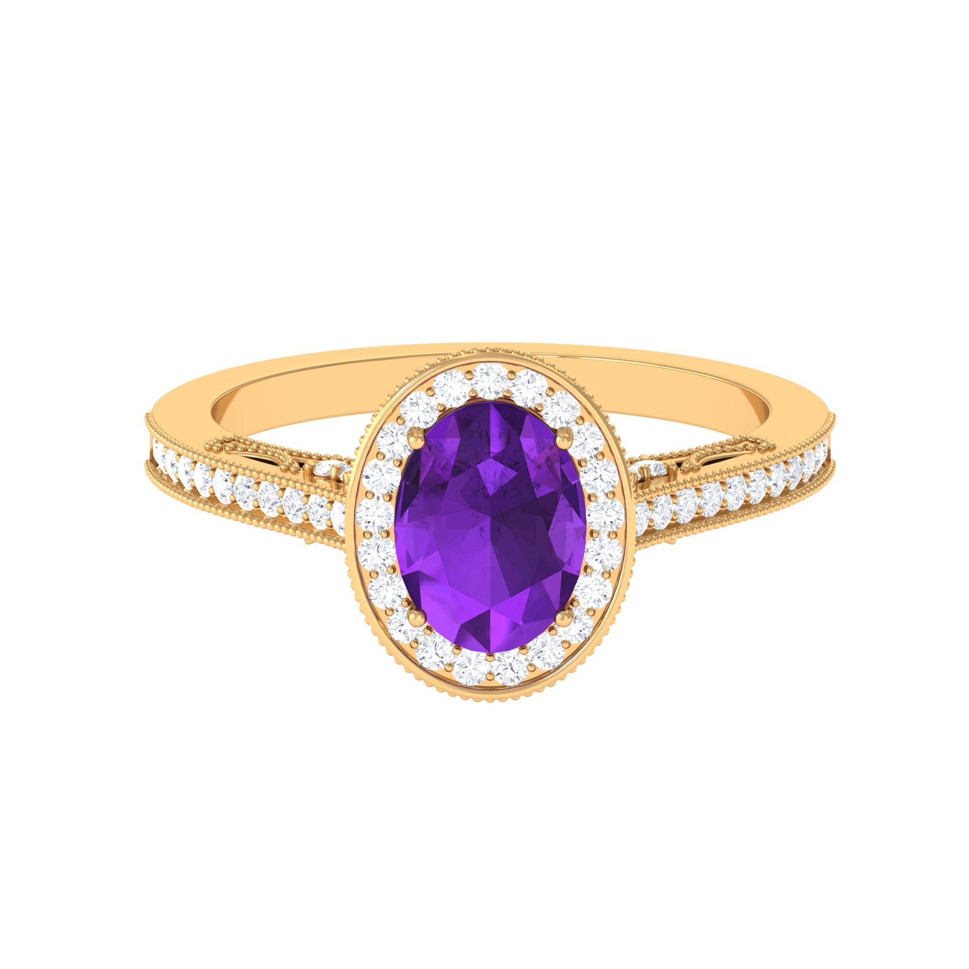 Vintage Inspired Oval Amethyst Engagement Ring with Diamond Amethyst - ( AAA ) - Quality - Rosec Jewels