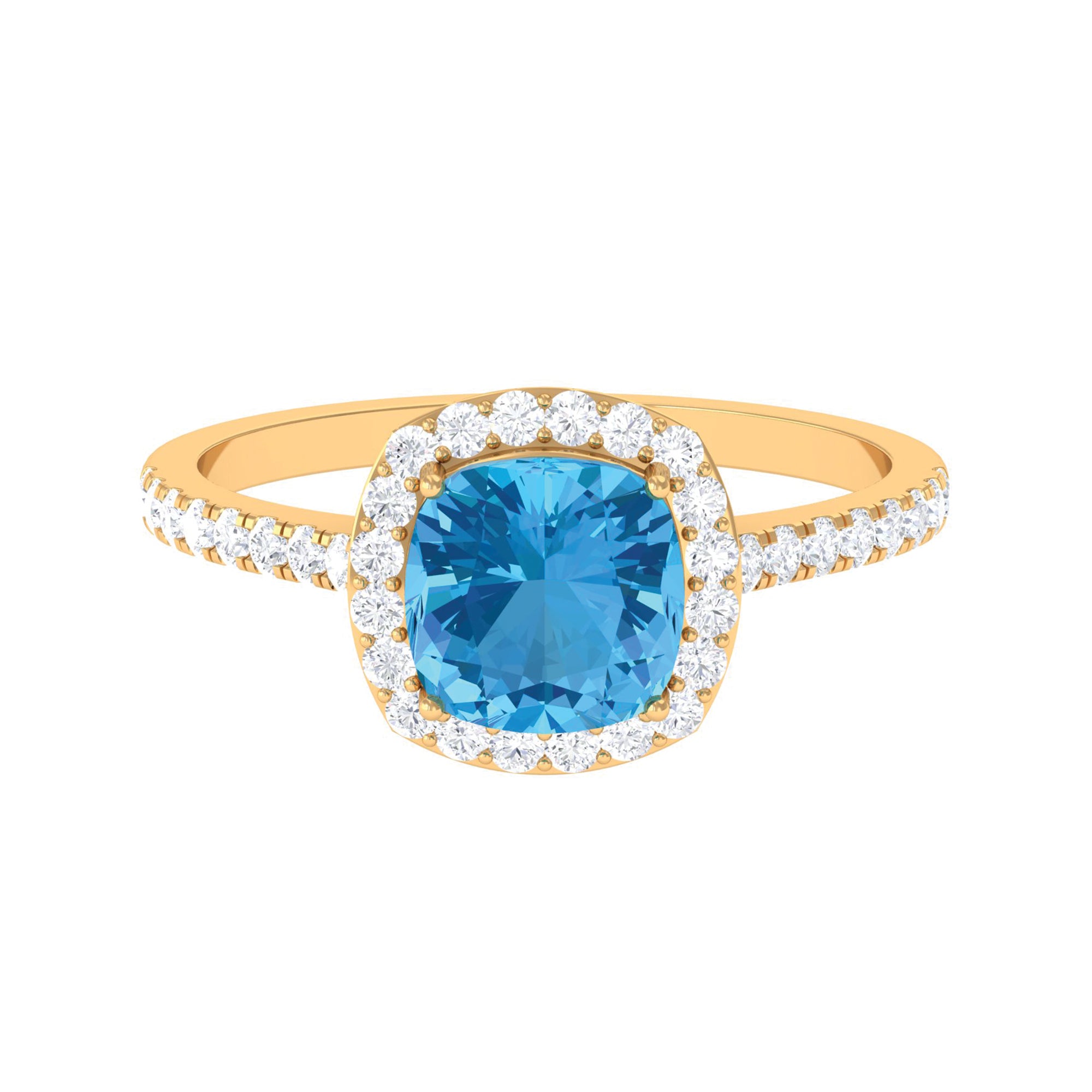 7 MM Cushion Cut Swiss Blue Topaz Solitaire with Diamond Halo Ring Swiss Blue Topaz - ( AAA ) - Quality - Rosec Jewels