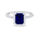 Emerald Cut Created Blue Sapphire Halo Engagement Ring with Diamond Lab Created Blue Sapphire - ( AAAA ) - Quality - Rosec Jewels