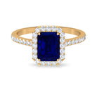 Emerald Cut Created Blue Sapphire Halo Engagement Ring with Diamond Lab Created Blue Sapphire - ( AAAA ) - Quality - Rosec Jewels