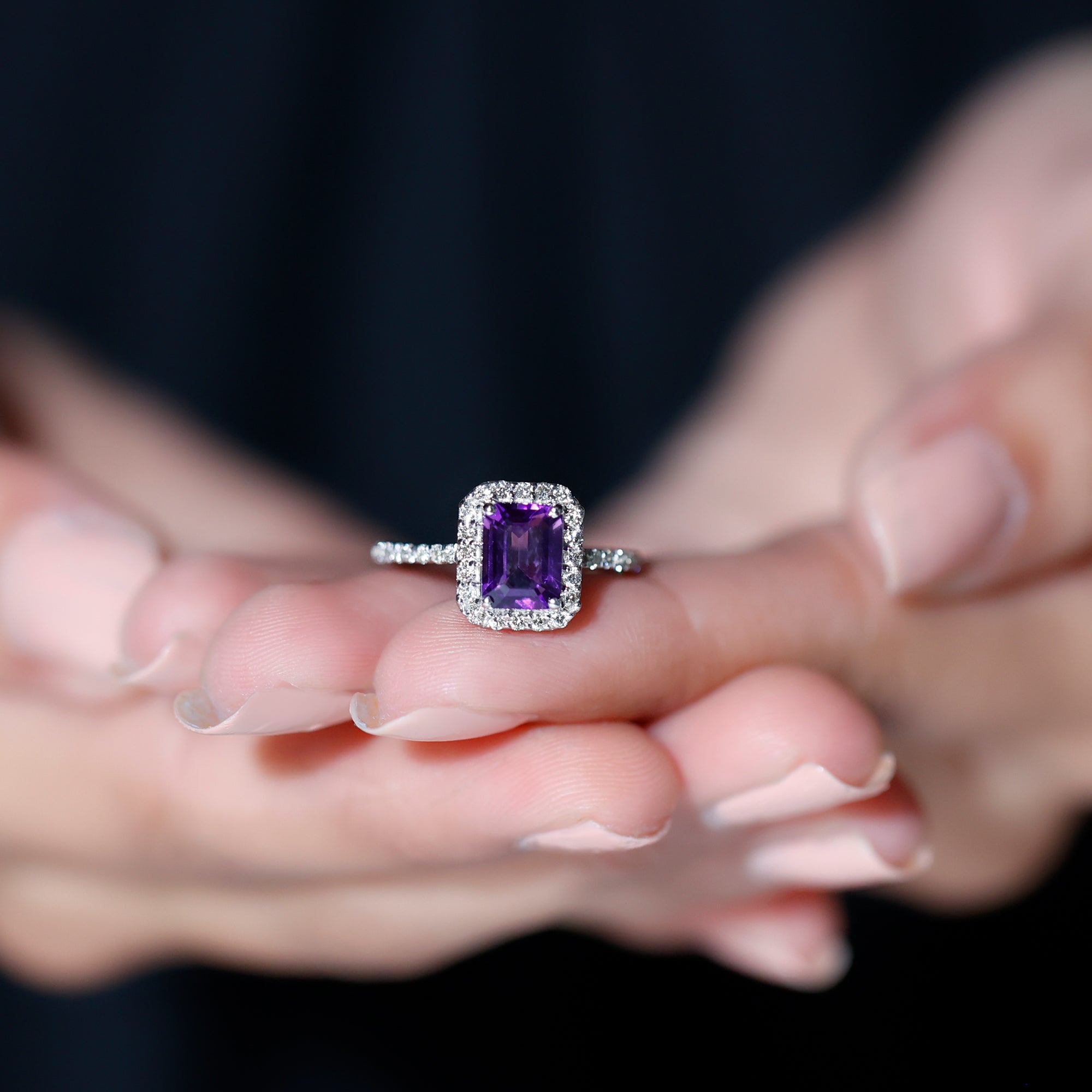 2.25 CT Octagon Cut Amethyst Solitaire Ring with Diamond Side Stones Amethyst - ( AAA ) - Quality - Rosec Jewels