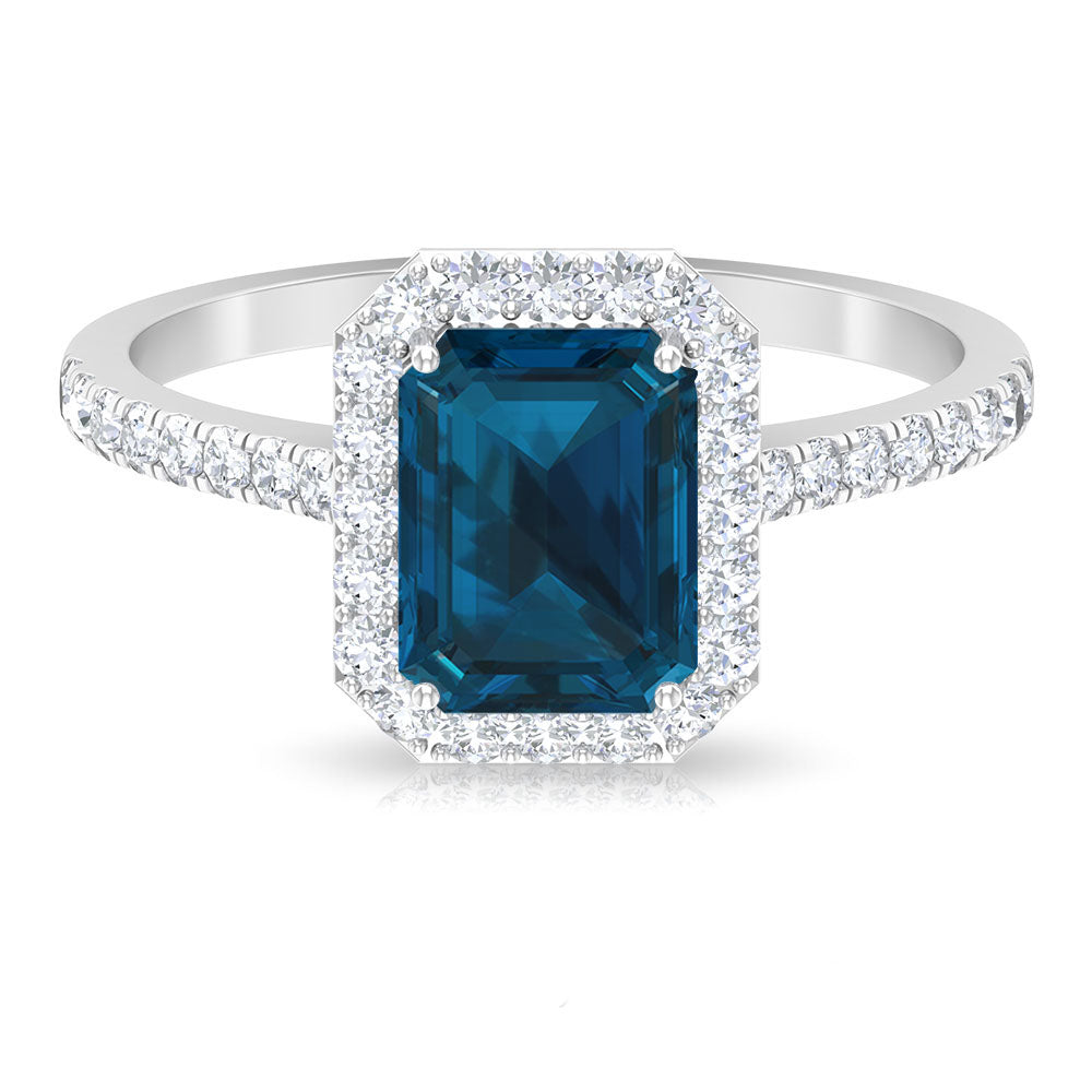 Emerald Cut London Blue Topaz Halo Engagement Ring with Diamond London Blue Topaz - ( AAA ) - Quality - Rosec Jewels