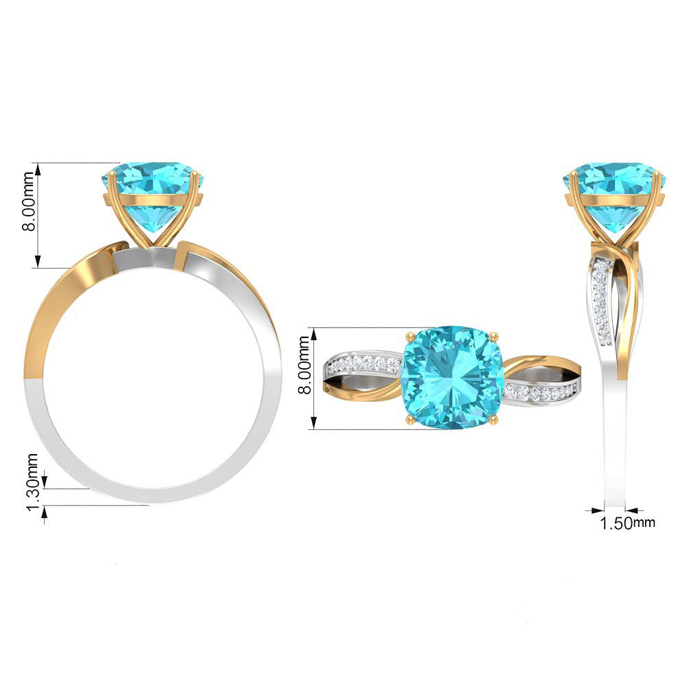 1.50 CT Two Tone Cushion Cut Swiss Blue Topaz Solitaire with Diamond Split Shank Ring Swiss Blue Topaz - ( AAA ) - Quality - Rosec Jewels