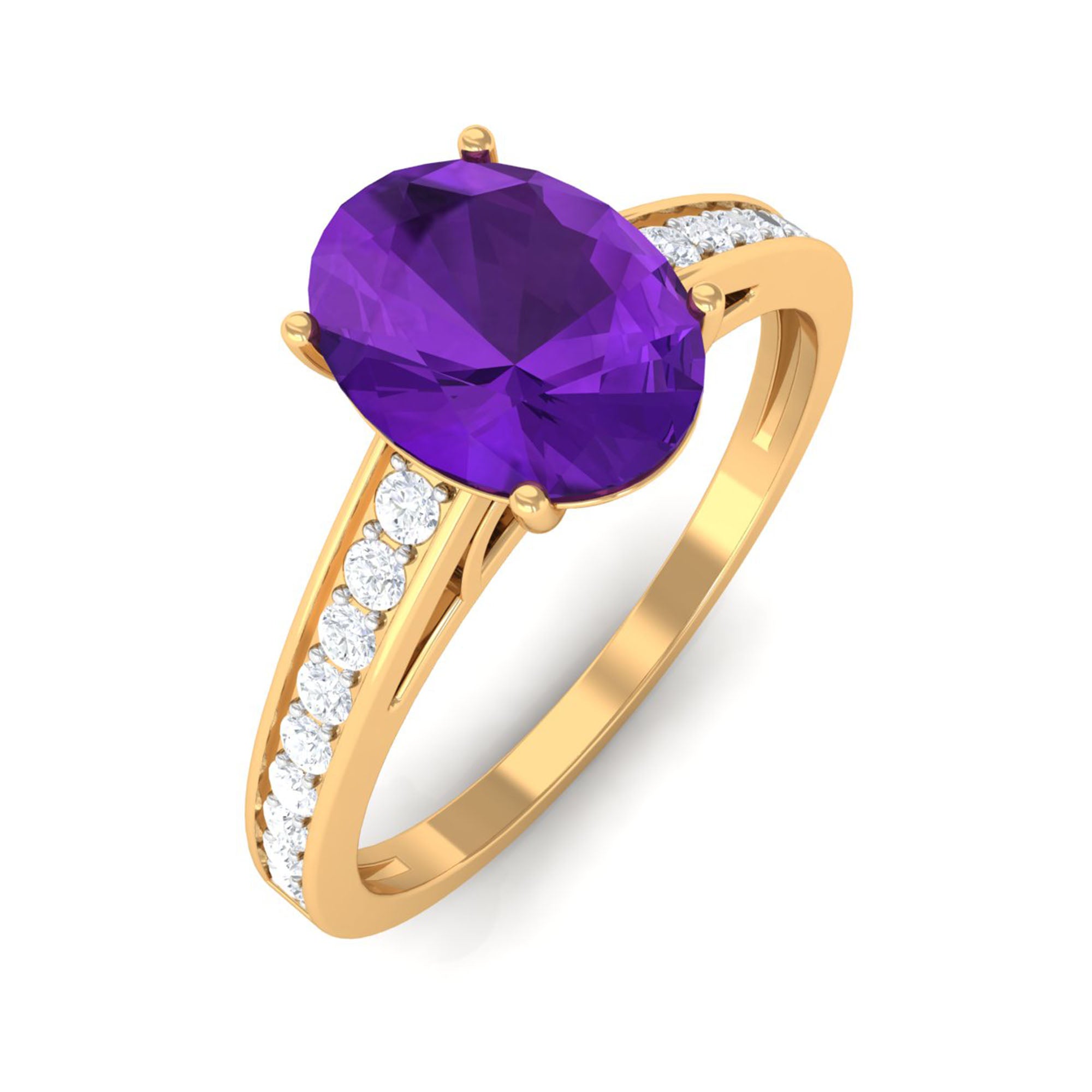 4 Prong Set Amethyst Solitaire and Diamond Ring Amethyst - ( AAA ) - Quality - Rosec Jewels