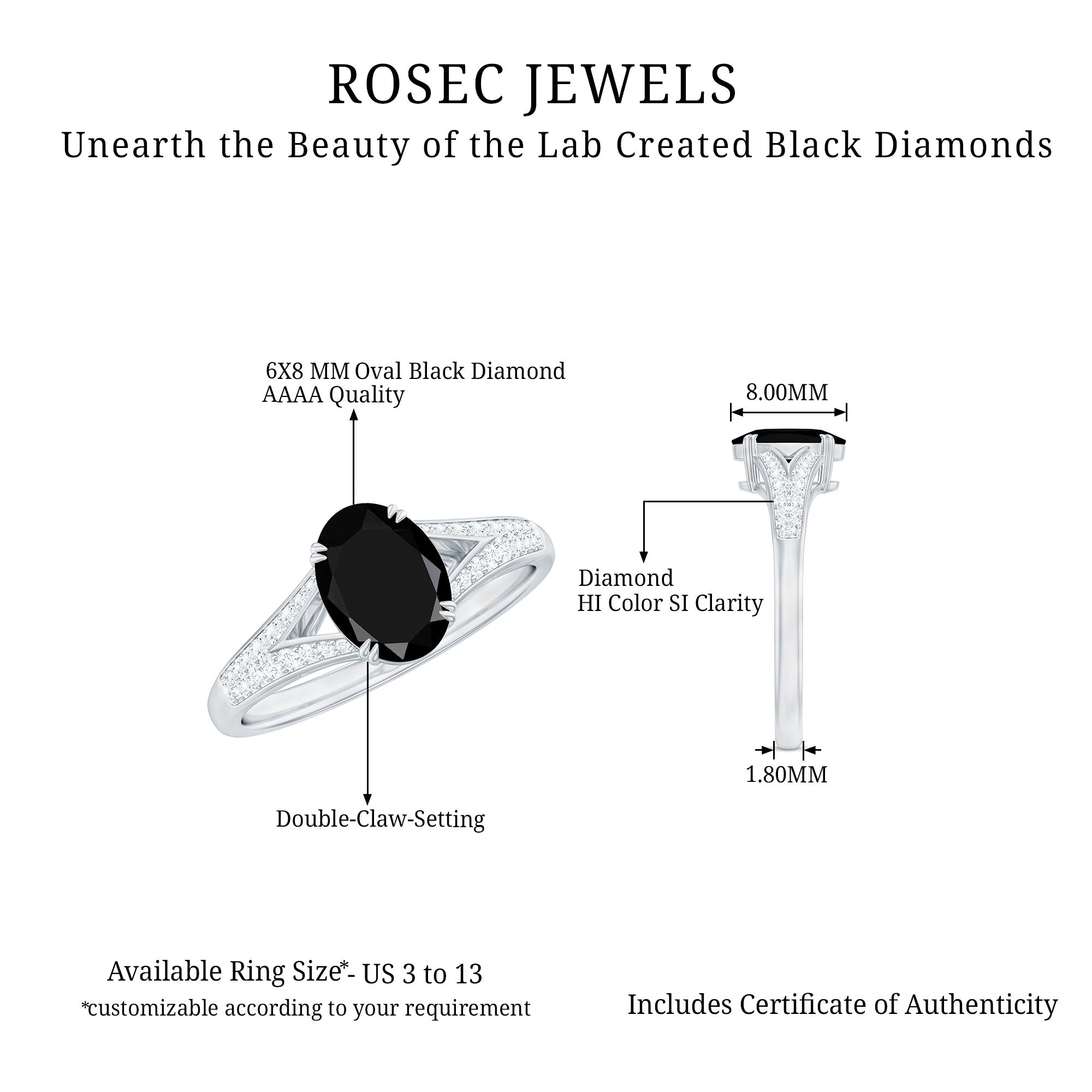 Lab Created Black Diamond Solitaire Engagement Ring with Diamond Lab Created Black Diamond - ( AAAA ) - Quality - Rosec Jewels