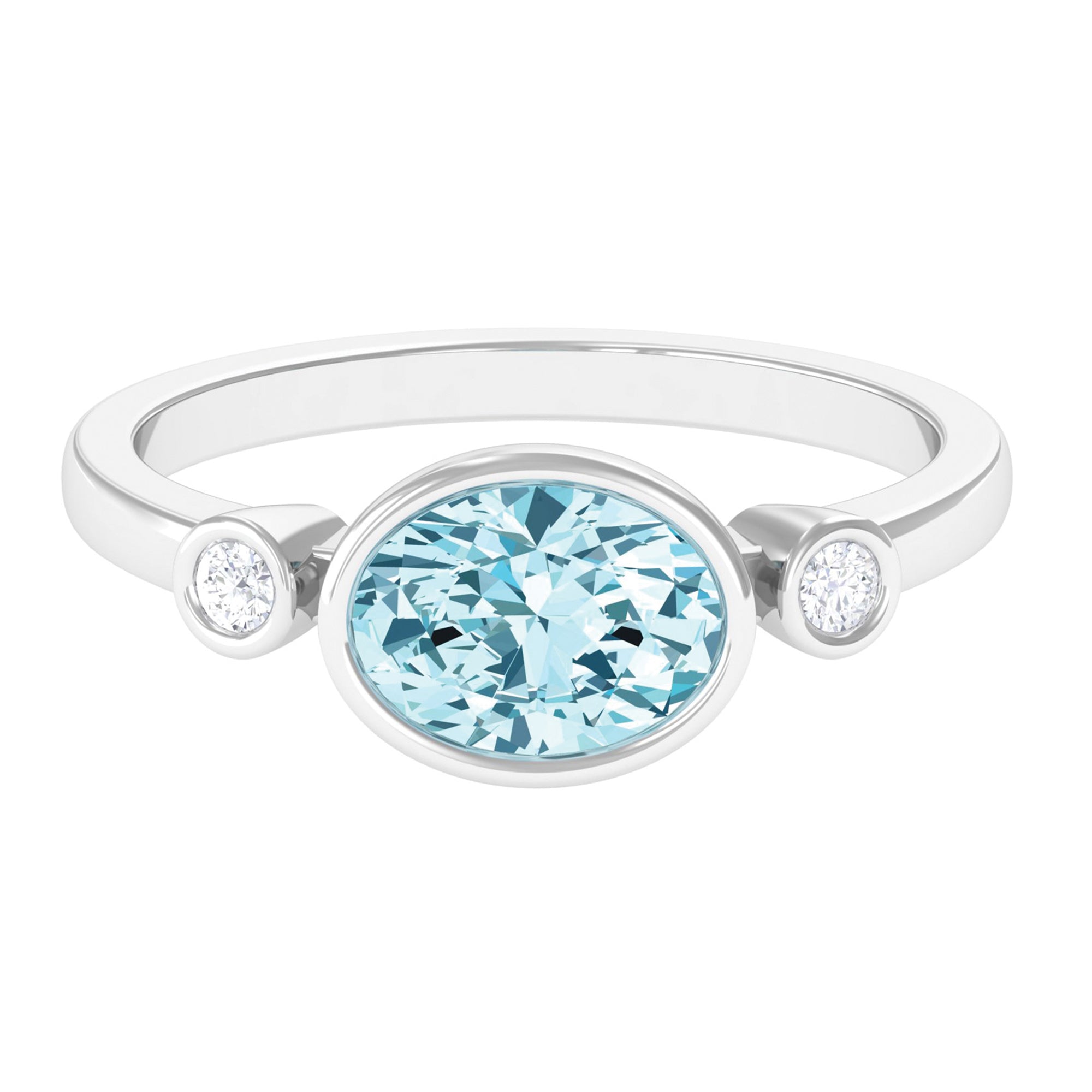 Bezel Set Aquamarine and Diamond East West Engagement Ring Aquamarine - ( AAA ) - Quality - Rosec Jewels