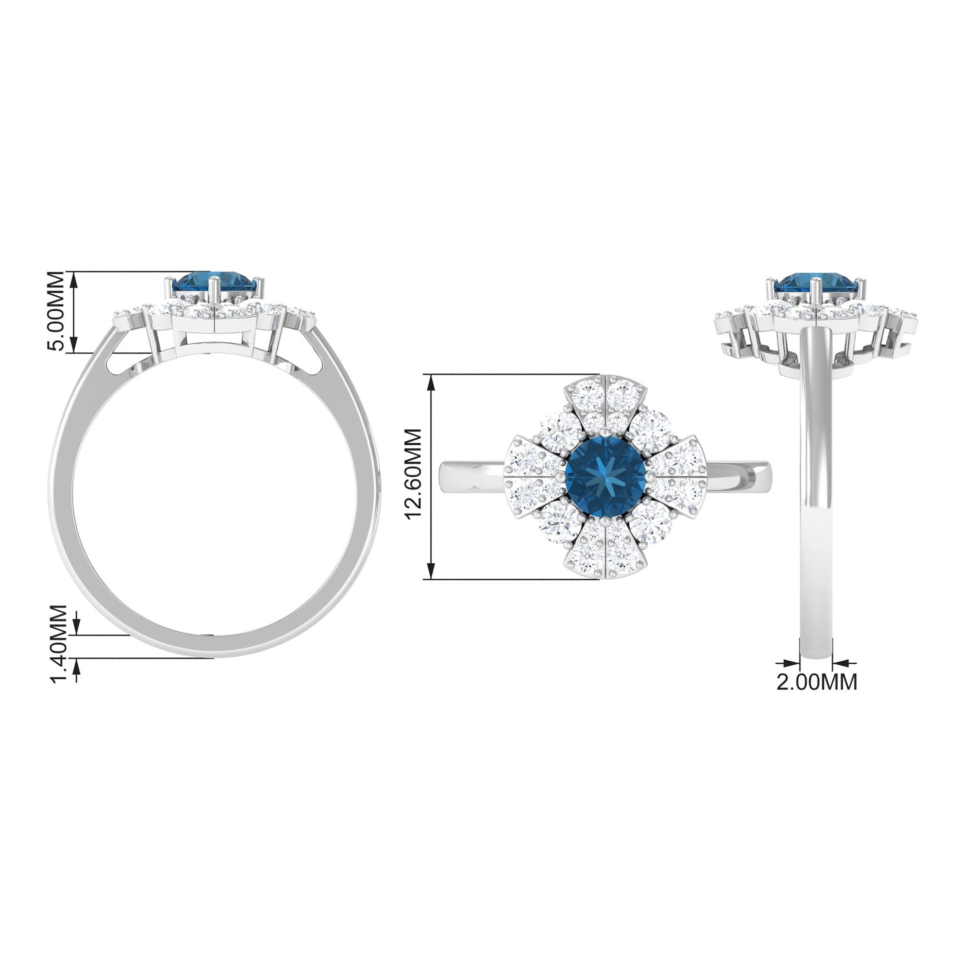 2 CT London Blue Topaz Flower Engagement Ring with Diamond London Blue Topaz - ( AAA ) - Quality - Rosec Jewels